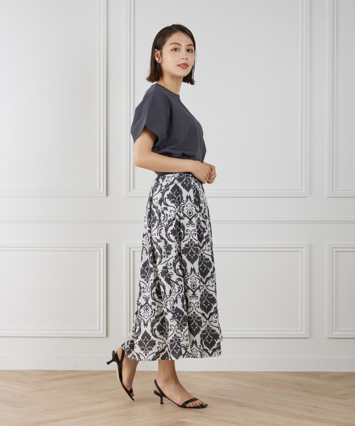 7-IDconcept.「プリントギャザースカート」|フレア|