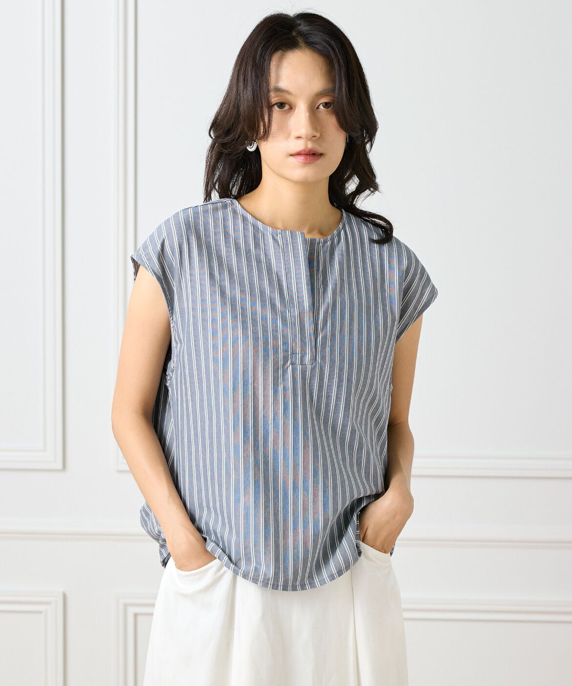 INED「ストライプスキッパーデザイントップス」|Tシャツ・カットソー|ネイビー