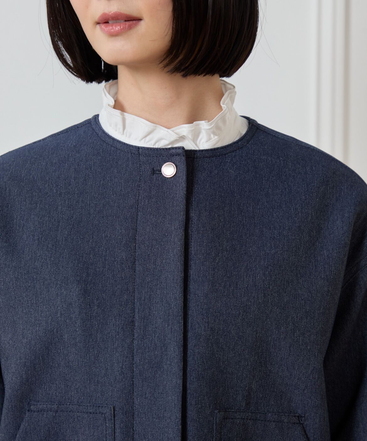 7-IDconcept.「《大きいサイズ》デニムノーカラーブルゾン」|ノーカラージャケット|