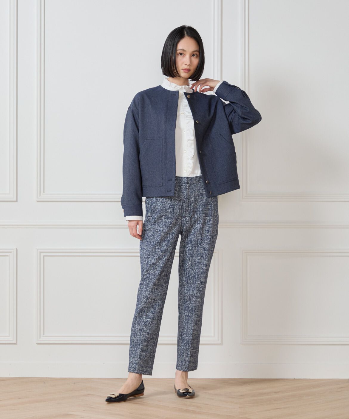 7-IDconcept.「《大きいサイズ》デニムノーカラーブルゾン」|ノーカラージャケット|