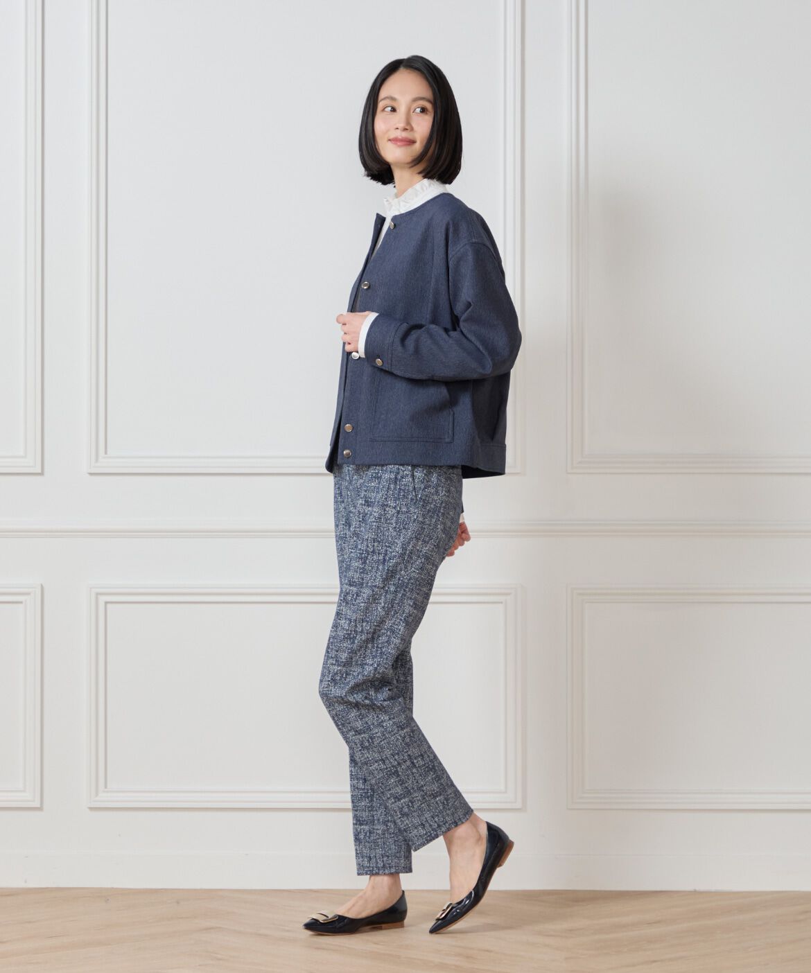 7-IDconcept.「《大きいサイズ》デニムノーカラーブルゾン」|ノーカラージャケット|