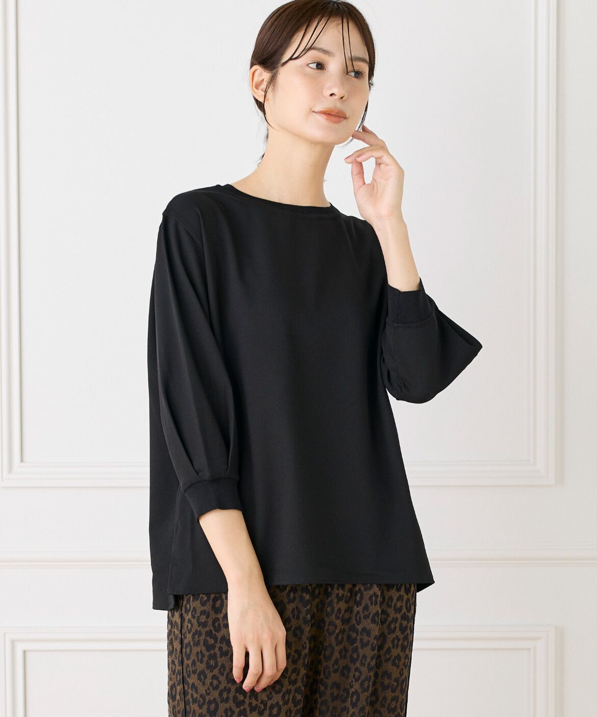 Le Souk「異素材リブ 七分袖プルオーバー」|Tシャツ・カットソー|ブラック