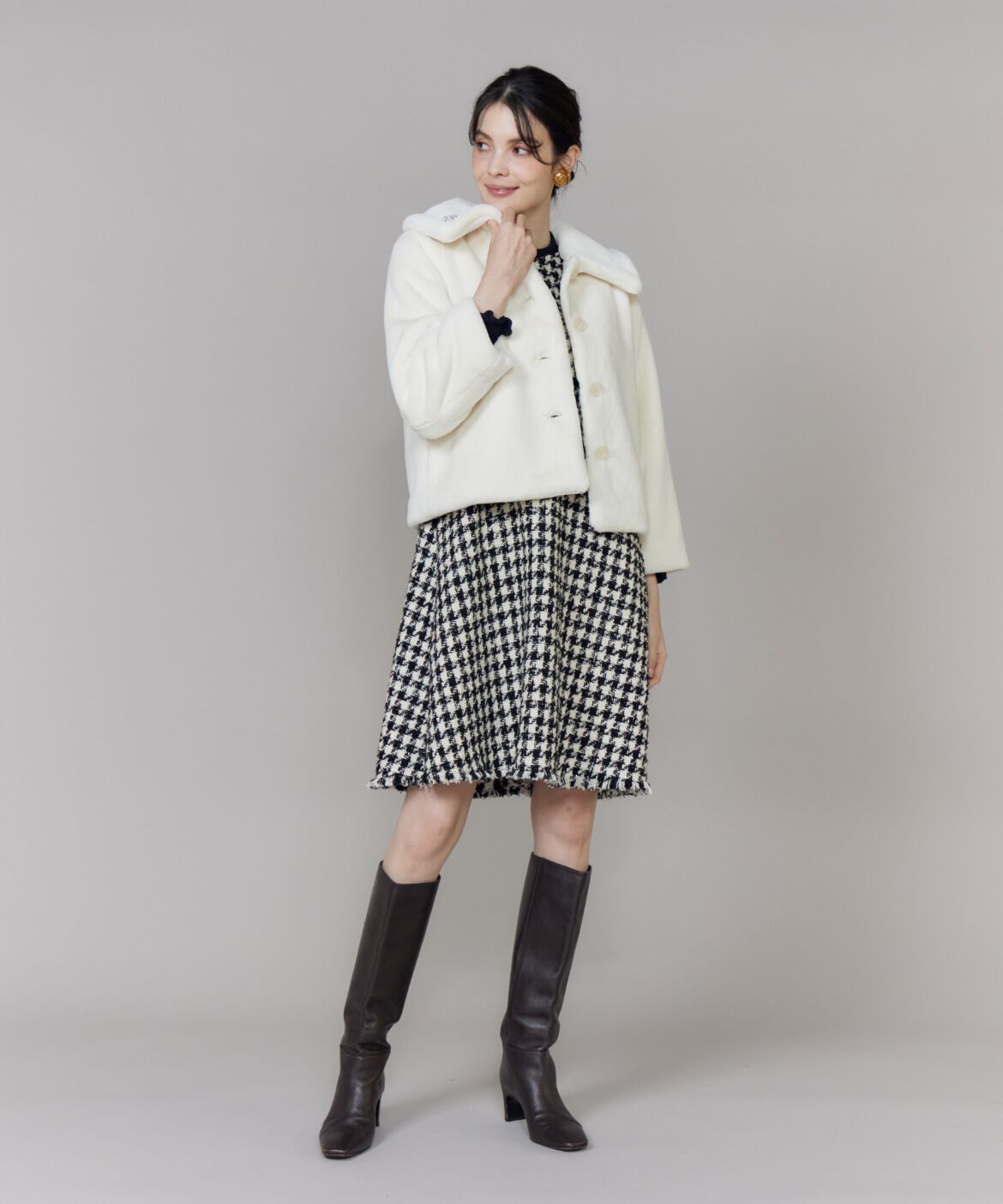 Maglie le cassetto「《大きいサイズ》Vネック千鳥柄ワンピース」|ワンピース|