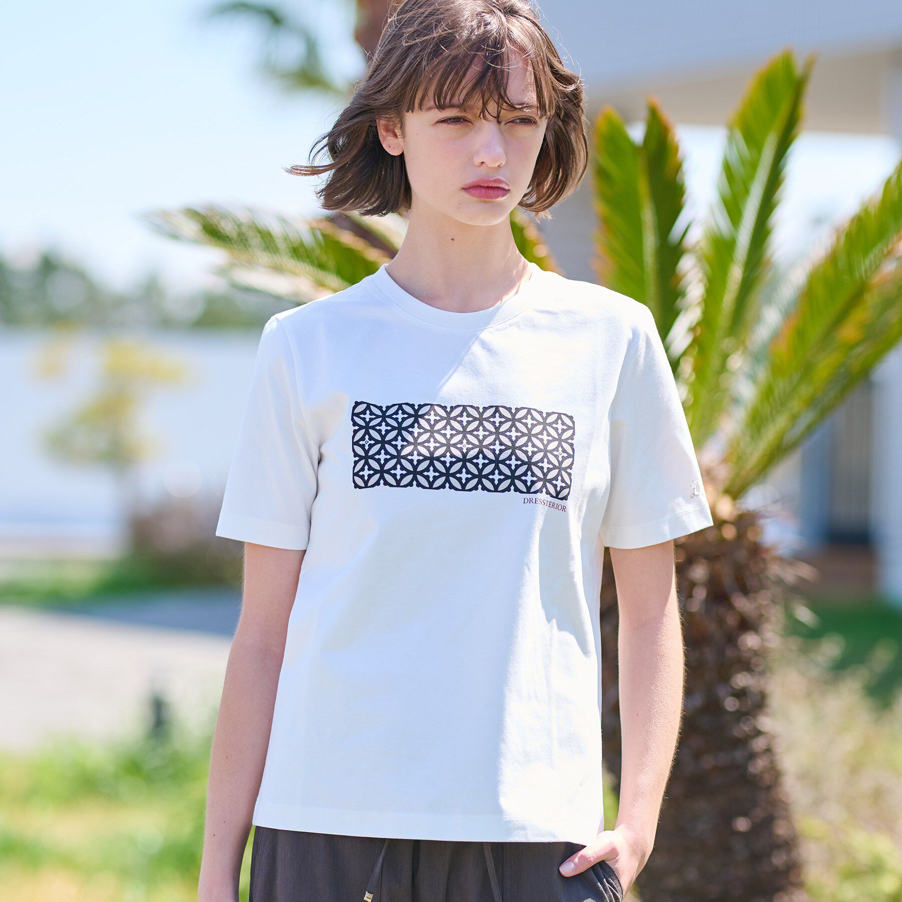 DRESSTERIOR「【接触冷感/UVカット】バックブリーズテックオーバーラップサークルプリントTシャツ」|Tシャツ・カットソー|ホワイト(001)