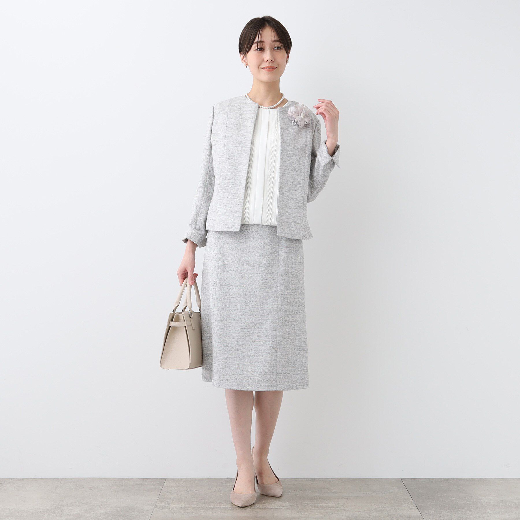 INDIVI「【洗える】ストレッチツィードジャケット」|ノーカラージャケット|