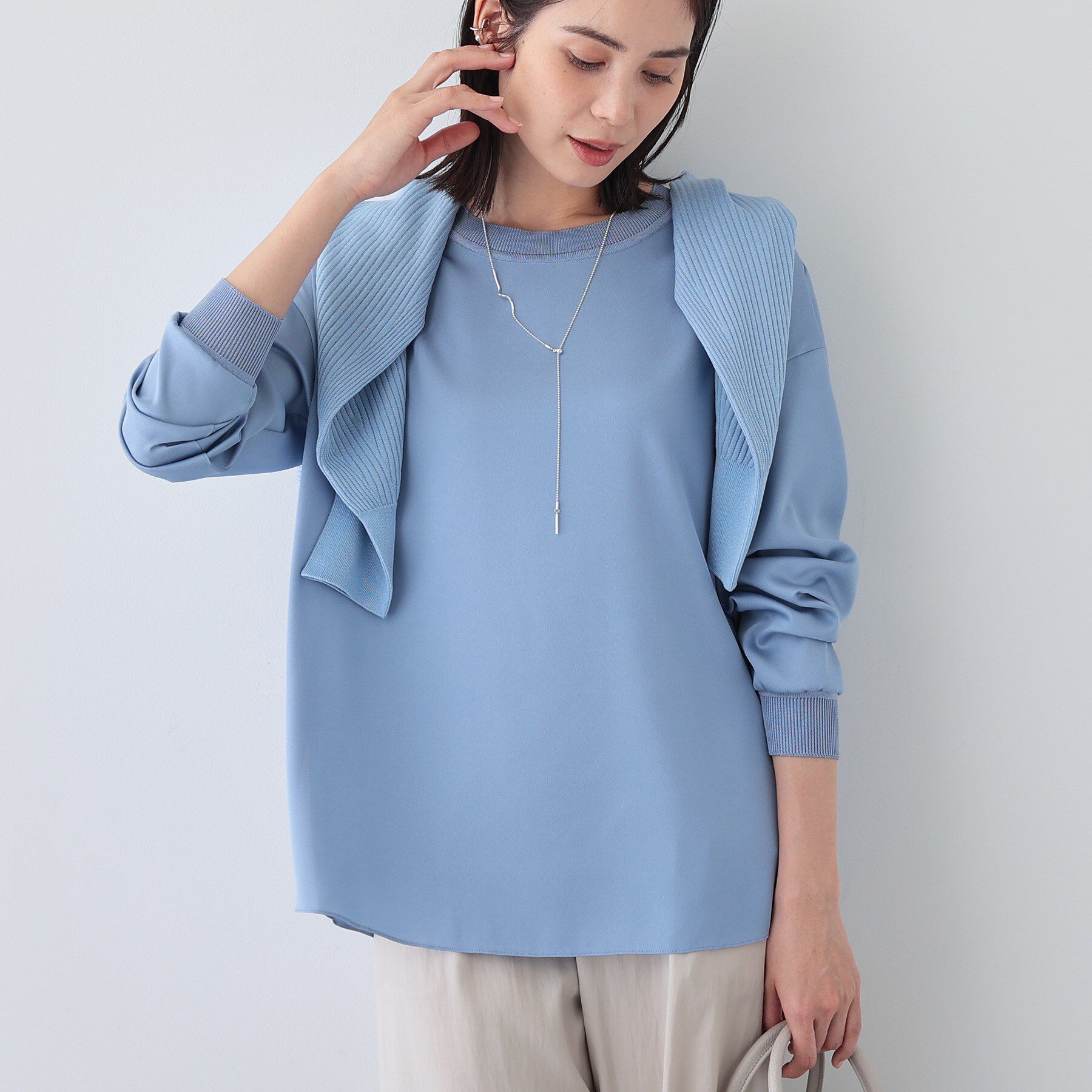 INDIVI「【洗える】異素材ドッキングトップス」|Tシャツ・カットソー|ブルー(091)