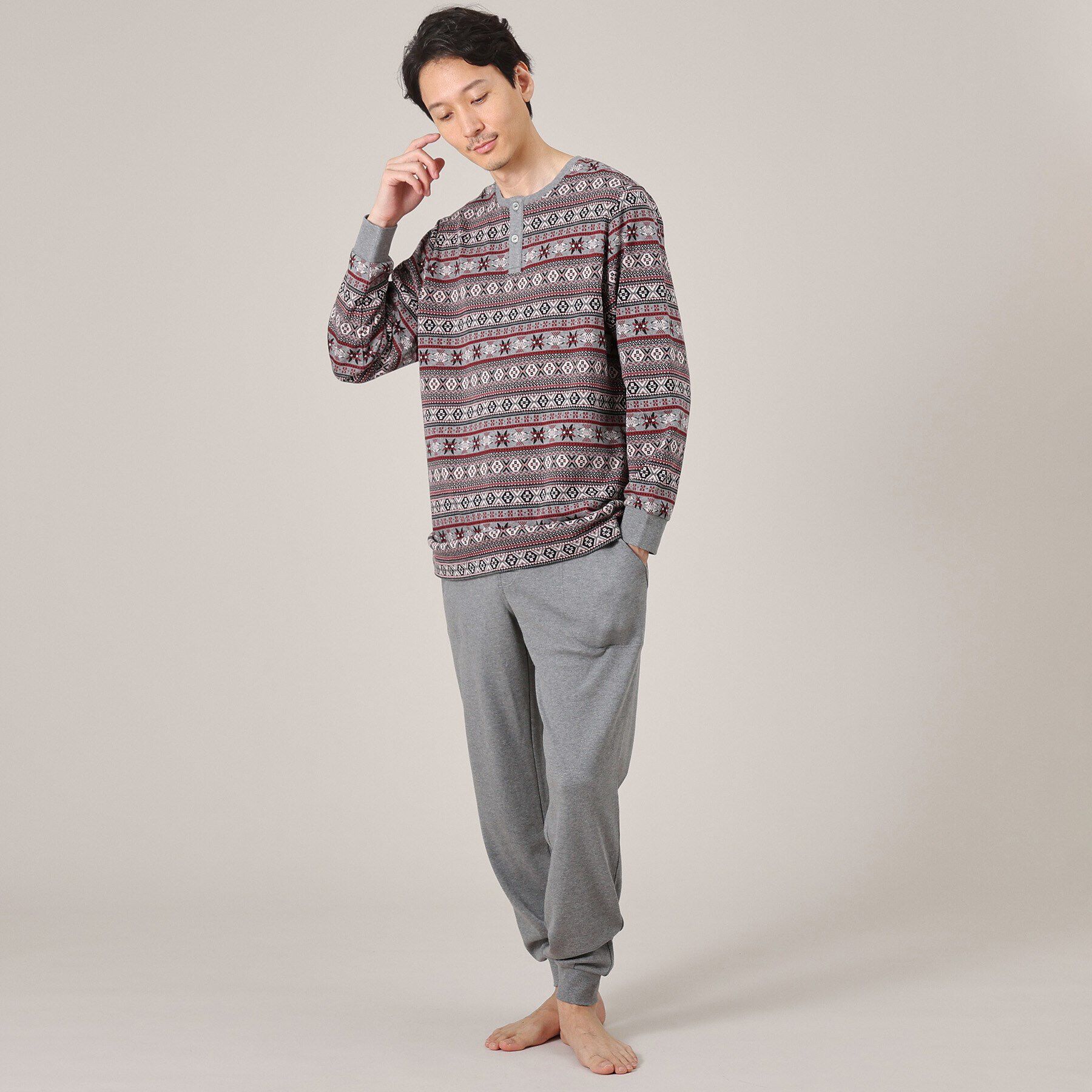 TAKEO KIKUCHI「フェアアイル長袖ヘンリーパジャマ」|ルームウェア|ﾁｬｺｰﾙｸﾞﾚｰ(014)