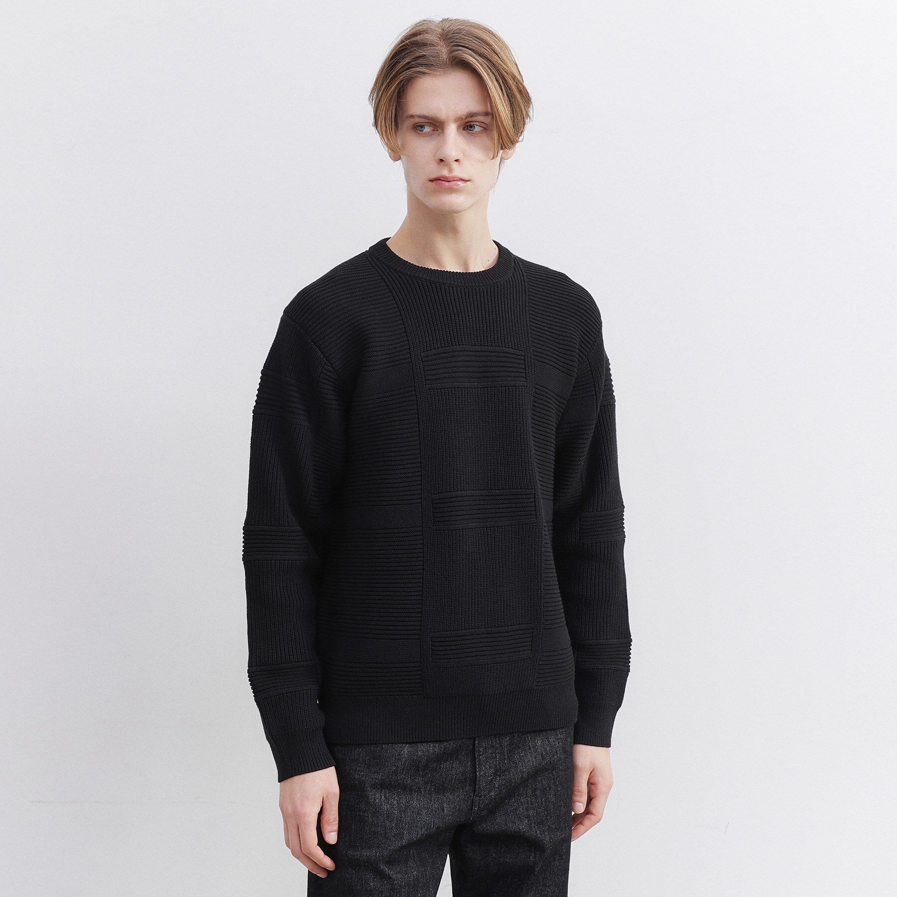 TAKEO KIKUCHI「畦編みチェック プルオーバーニット」|ニット・セーター|ブラック(019)