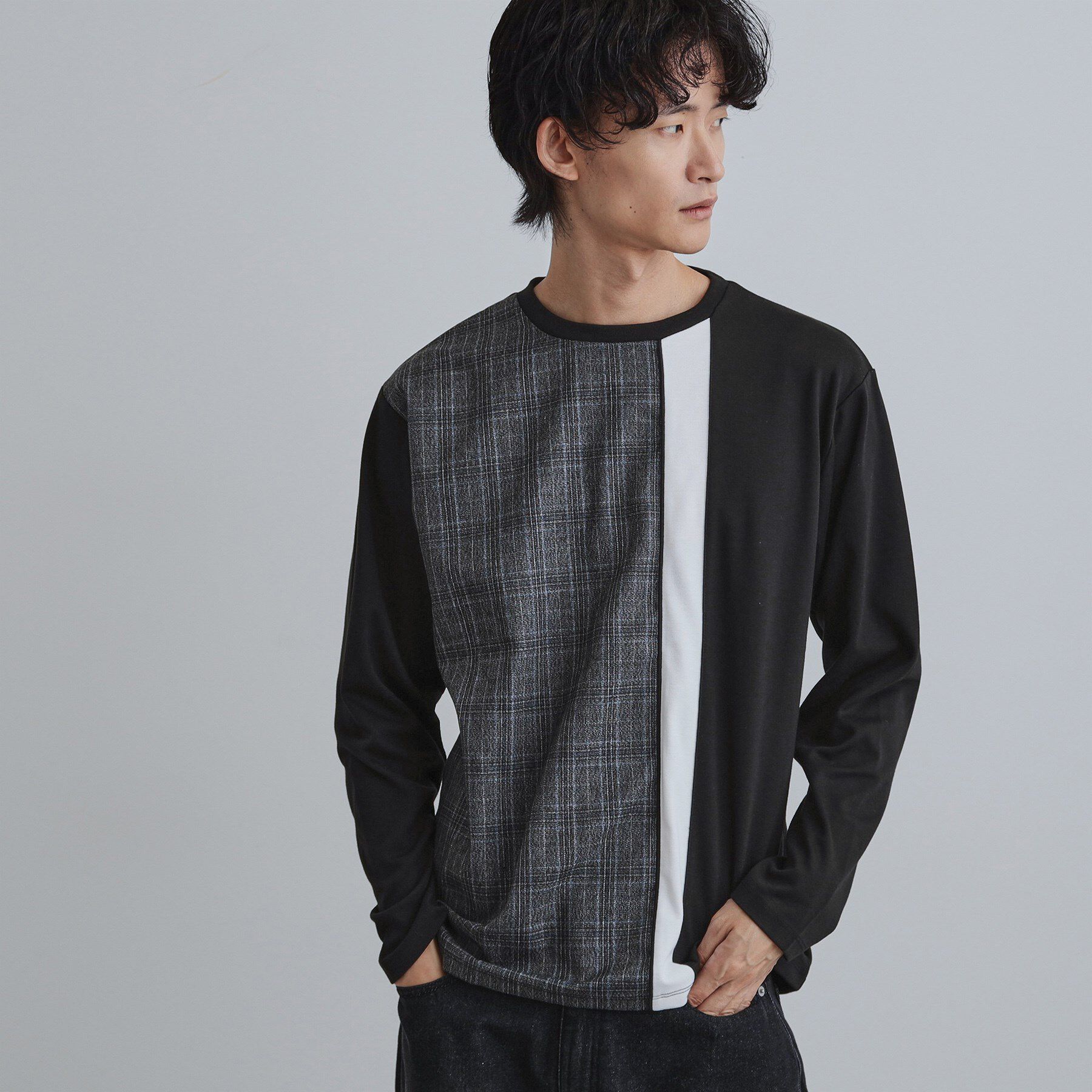 tk.TAKEO KIKUCHI「切替グレンチェックカットソー」|Tシャツ・カットソー|ブラック(019)