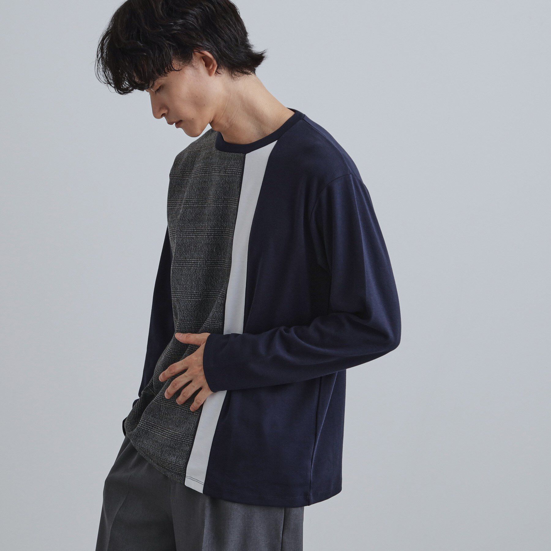 tk.TAKEO KIKUCHI「切替グレンチェックカットソー」|Tシャツ・カットソー|ネイビー(094)