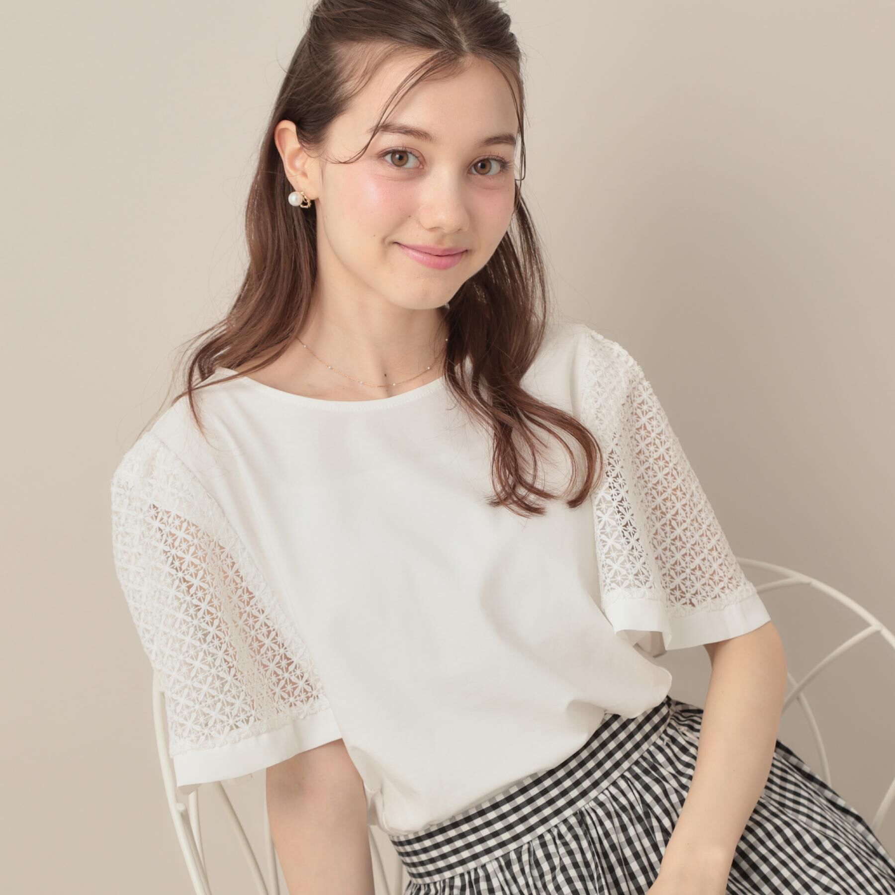 Couture broach「【接触冷感・5分袖】ケミカルレースフレアスリーブトップス」|Tシャツ・カットソー|オフホワイト(003