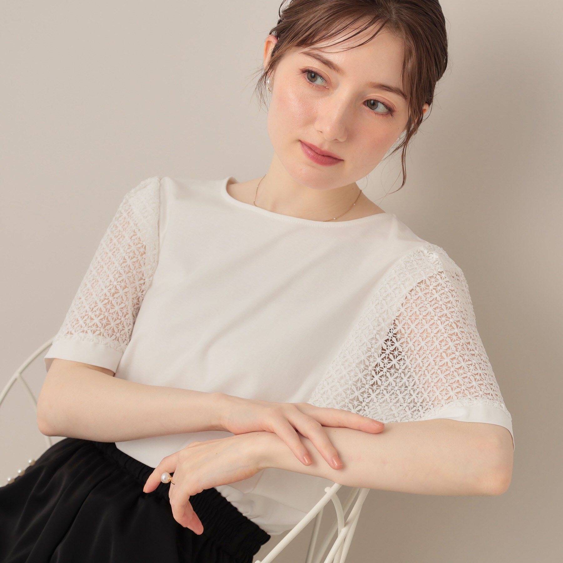 Couture broach「【接触冷感・5分袖】ケミカルレースフレアスリーブトップス」|Tシャツ・カットソー|