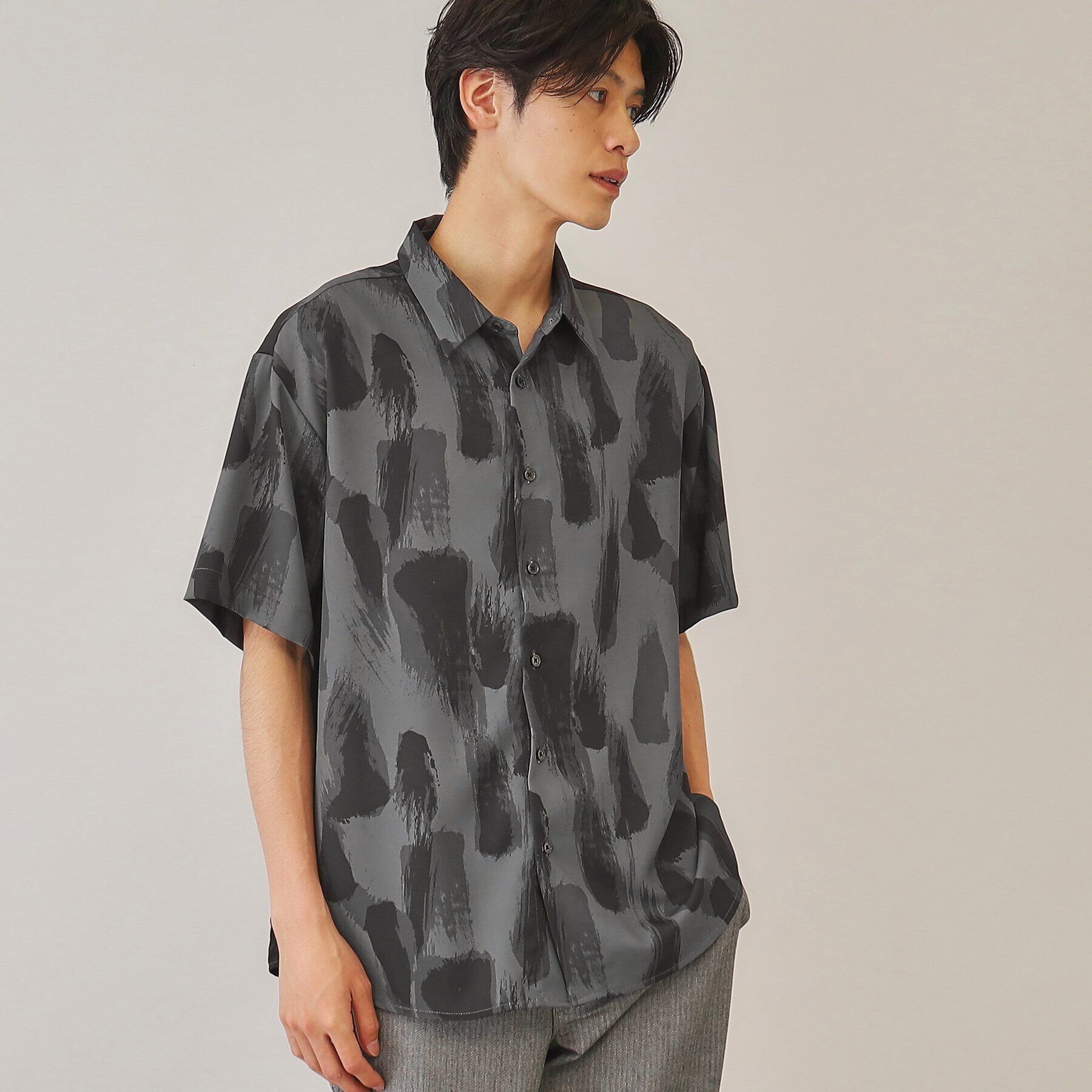 THE SHOP TK「【10色展開】プリントデザインシャツ チェック／ブロッキング／マーブル／ブラシアート」|シャツ・ブラウス|ブラック(319)