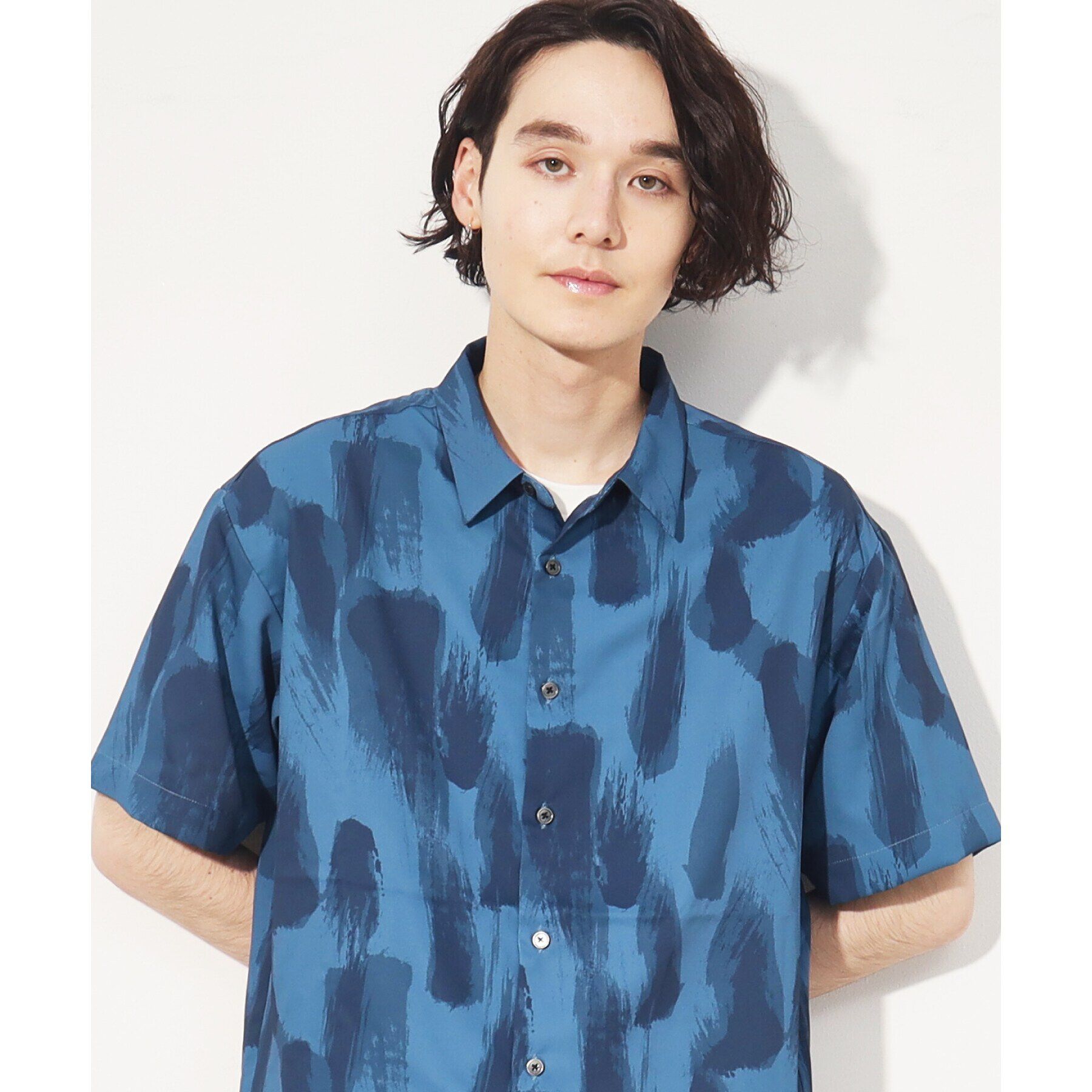 THE SHOP TK「【10色展開】プリントデザインシャツ チェック／ブロッキング／マーブル／ブラシアート」|シャツ・ブラウス|ネイビー(394)