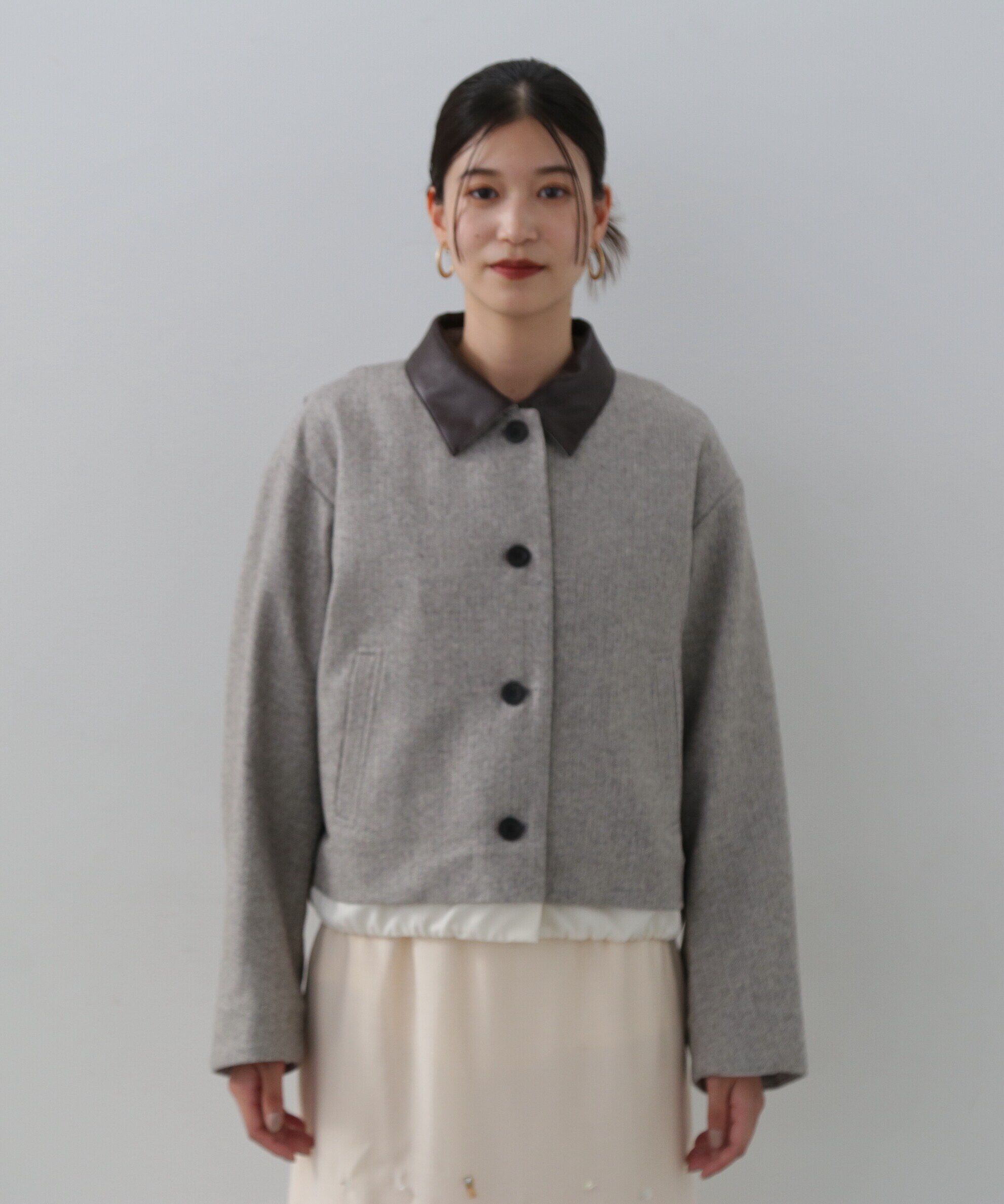  「フェイクレザーカラーパテッドジャケット」|ブルゾン・スタジャン|