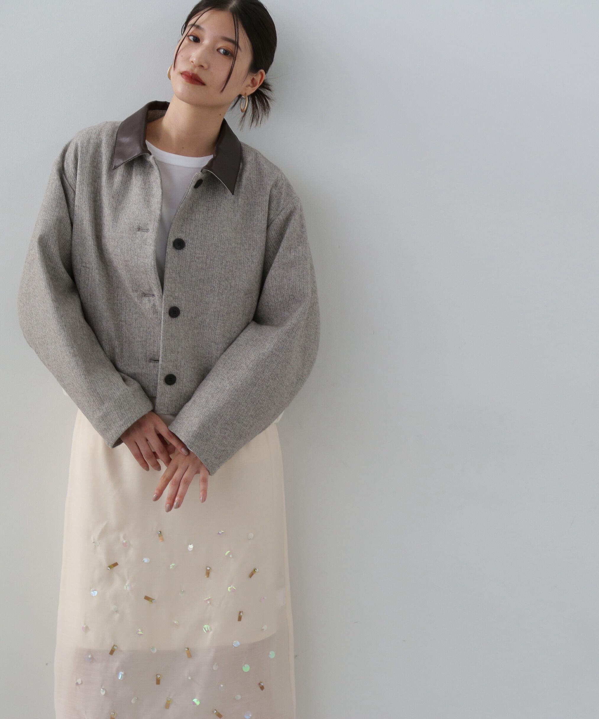  「フェイクレザーカラーパテッドジャケット」|ブルゾン・スタジャン|