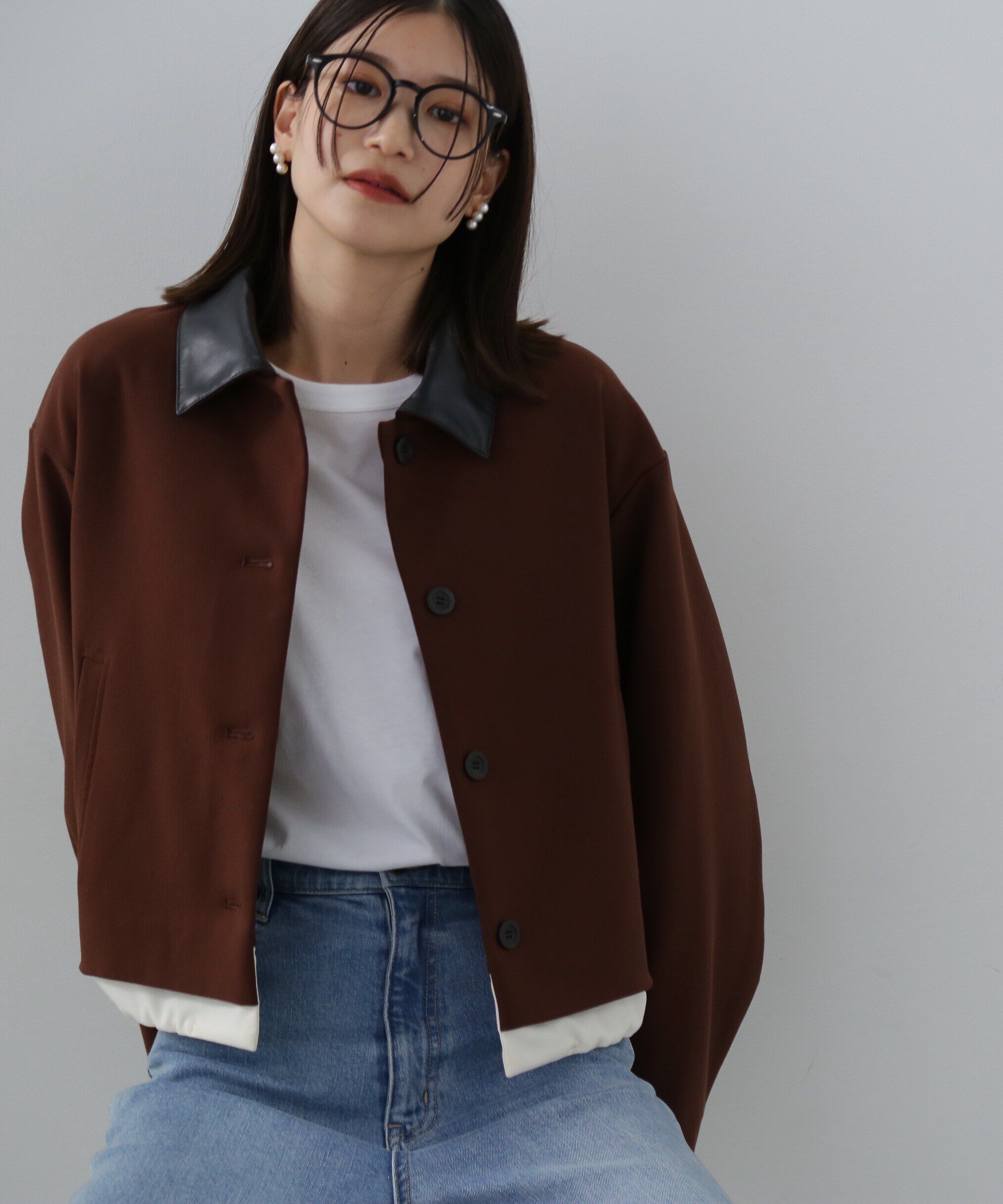  「フェイクレザーカラーパテッドジャケット」|ブルゾン・スタジャン|