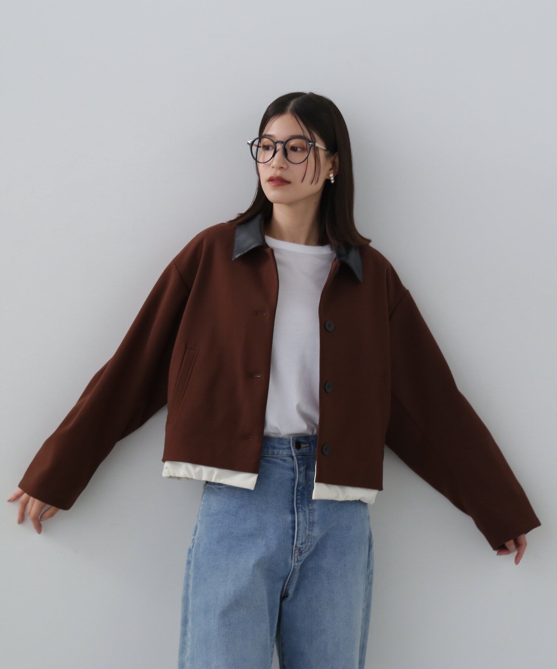  「フェイクレザーカラーパテッドジャケット」|ブルゾン・スタジャン|