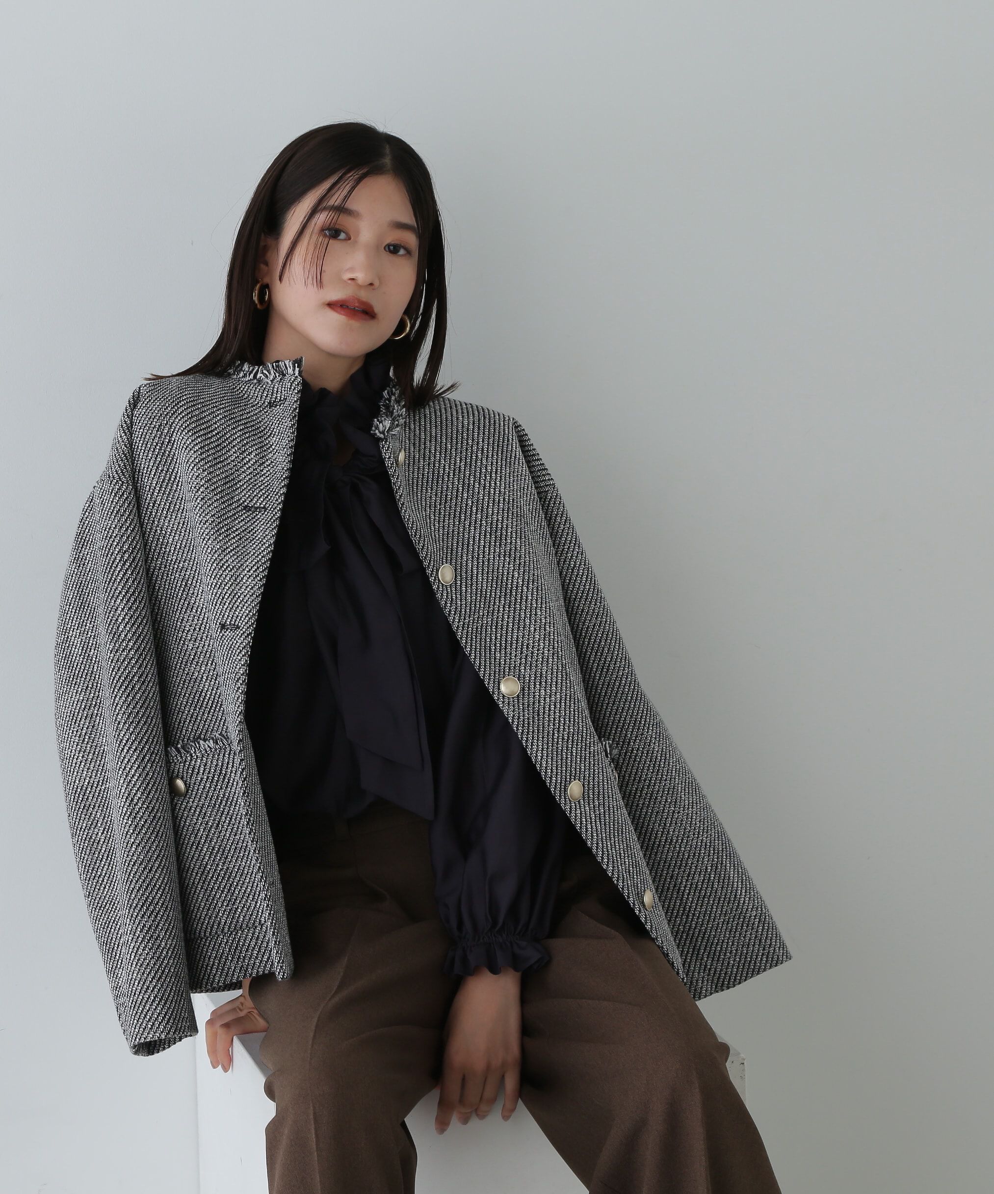  「ノーカラーツイードブルゾン《WEB限定商品》《S Size Line》 」|ブルゾン・スタジャン|