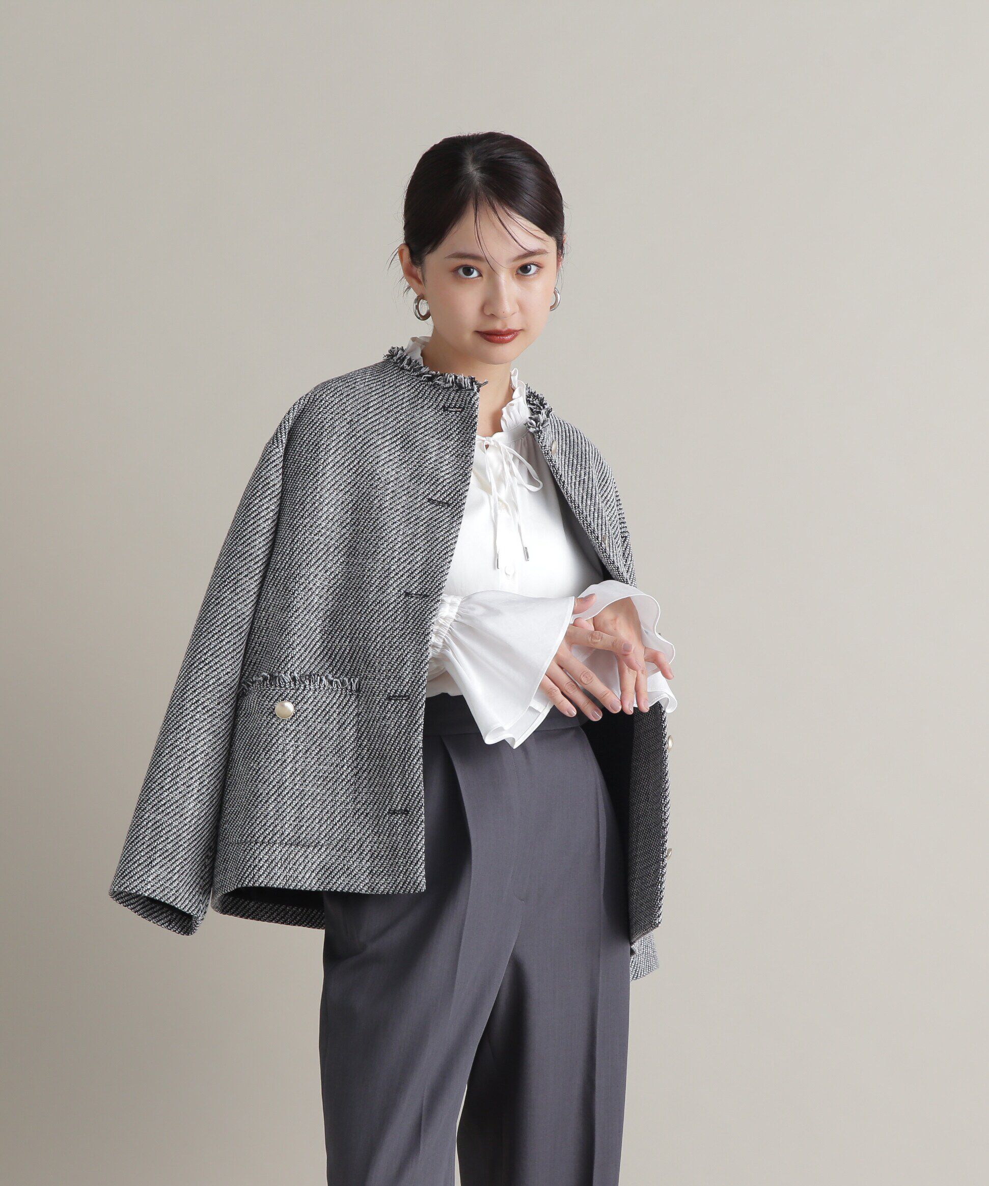  「ノーカラーツイードブルゾン《WEB限定商品》《S Size Line》 」|ブルゾン・スタジャン|