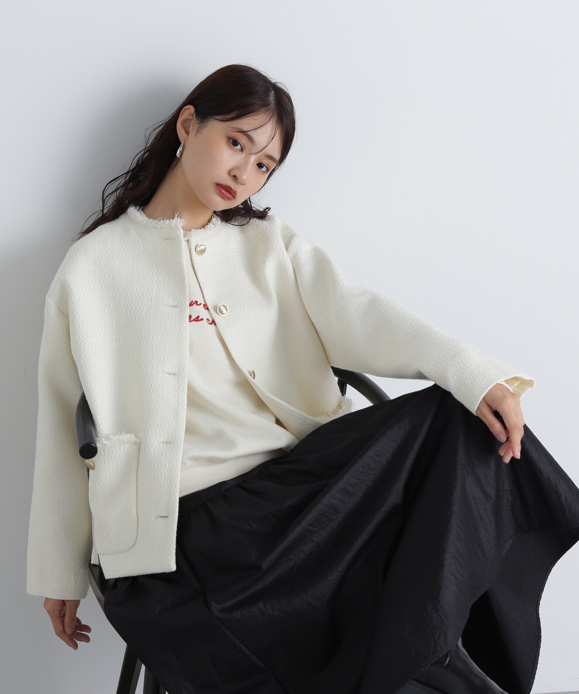  「ノーカラーツイードブルゾン《WEB限定商品》《S Size Line》 」|ブルゾン・スタジャン|ホワイト