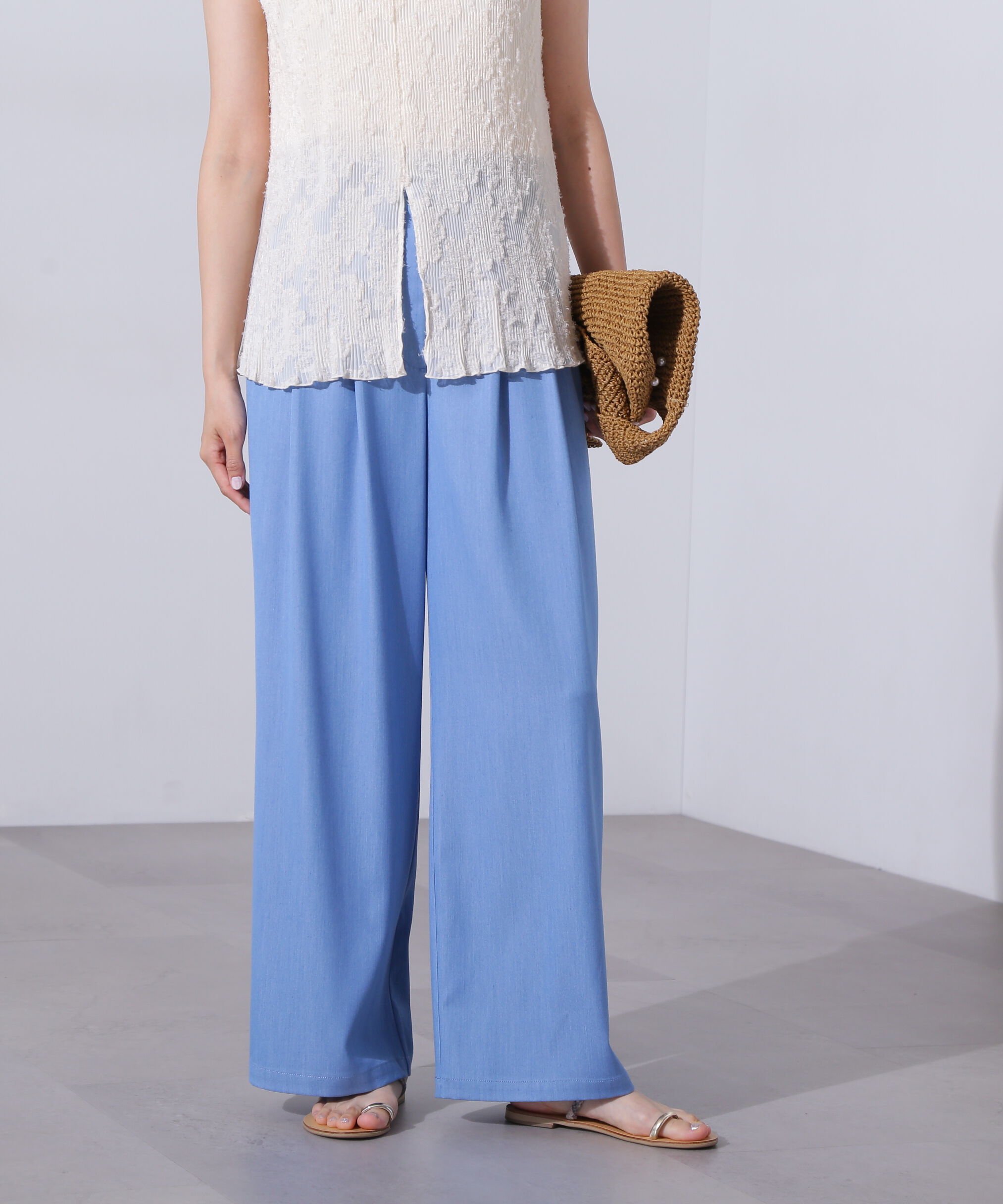  「デニムライクワイドタックパンツ」|その他|ブルー