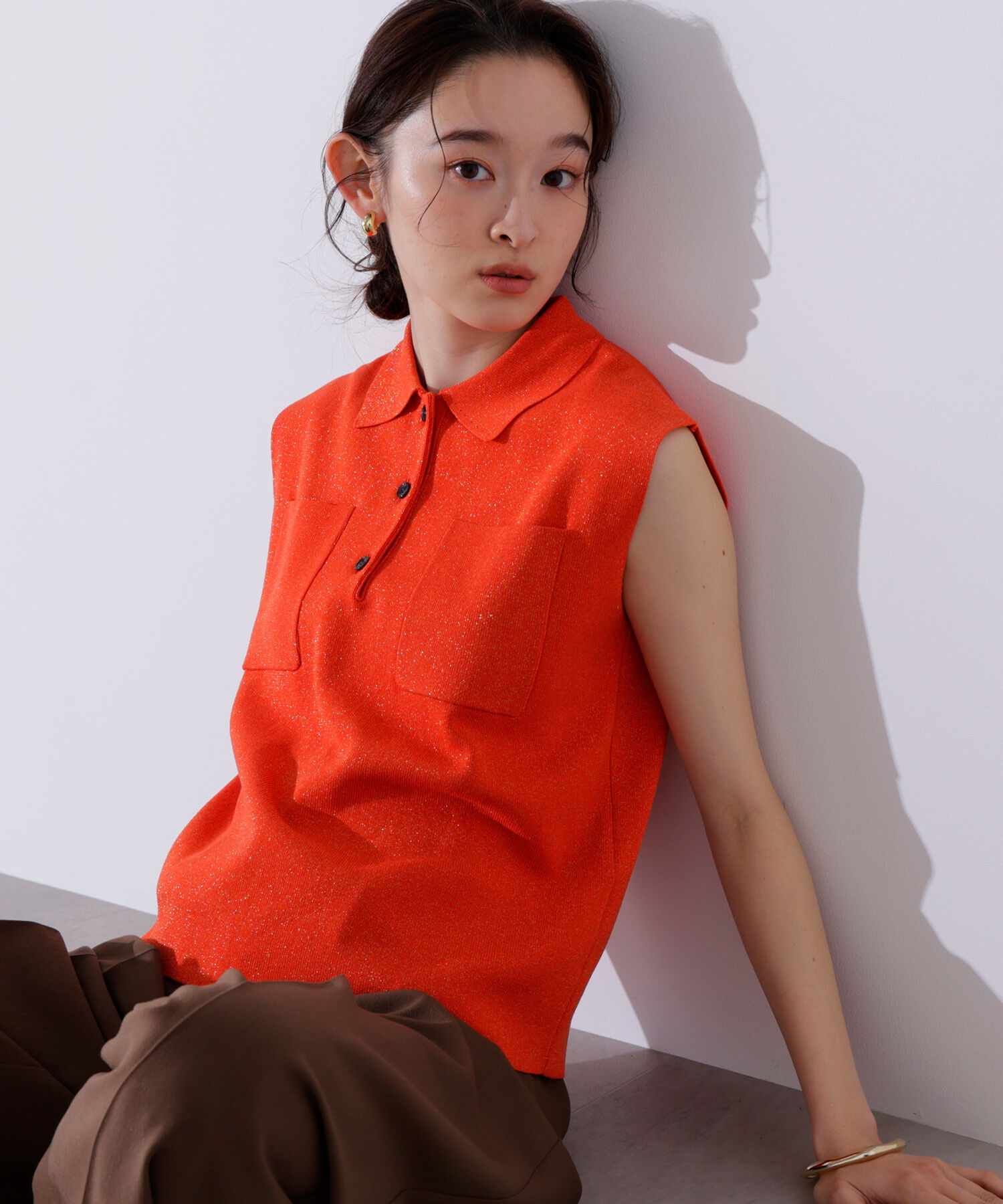  「ラメ混ポロエリニット」|ニット・セーター|オレンジ