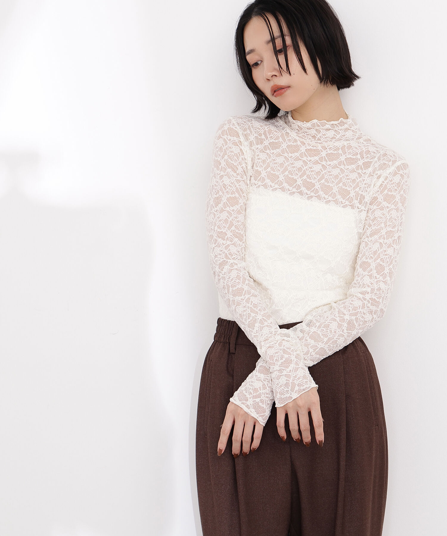  「レースハイネックカットソー」|Tシャツ・カットソー|オフホワイト1