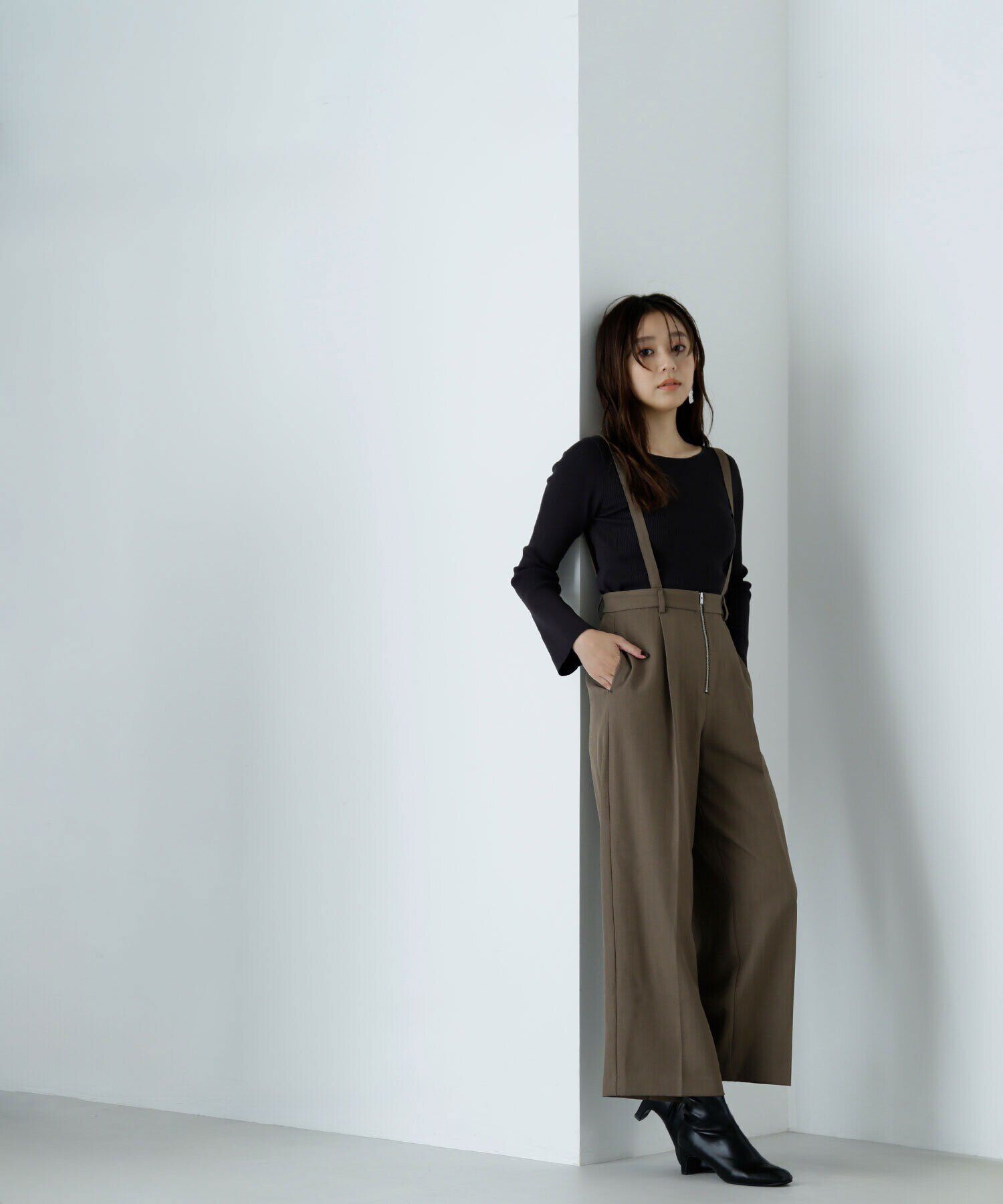  「サス付フロントジップワイドパンツ」|その他|ブラウン