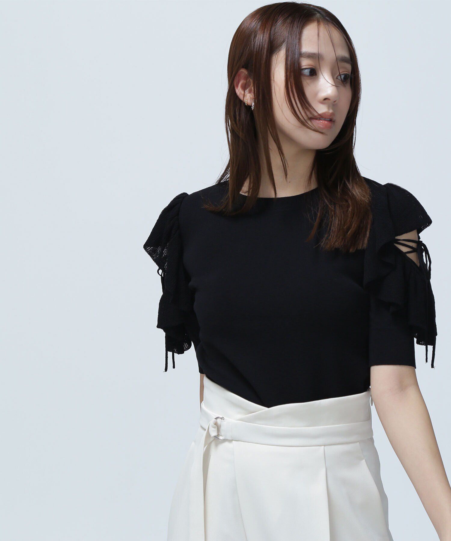  「レースアップフリルスリーブニット」|ニット・セーター|