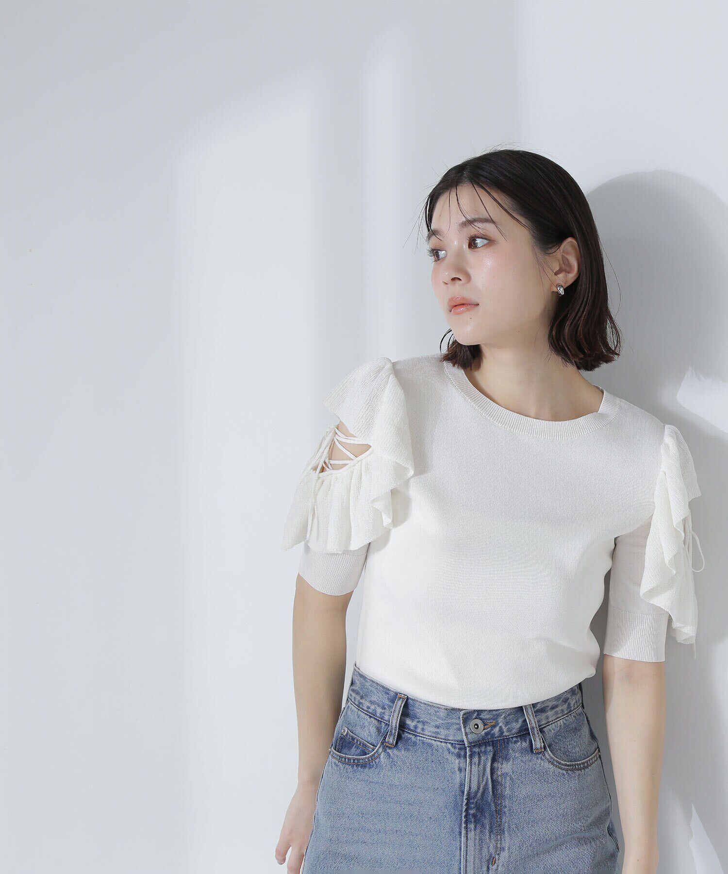  「レースアップフリルスリーブニット」|ニット・セーター|