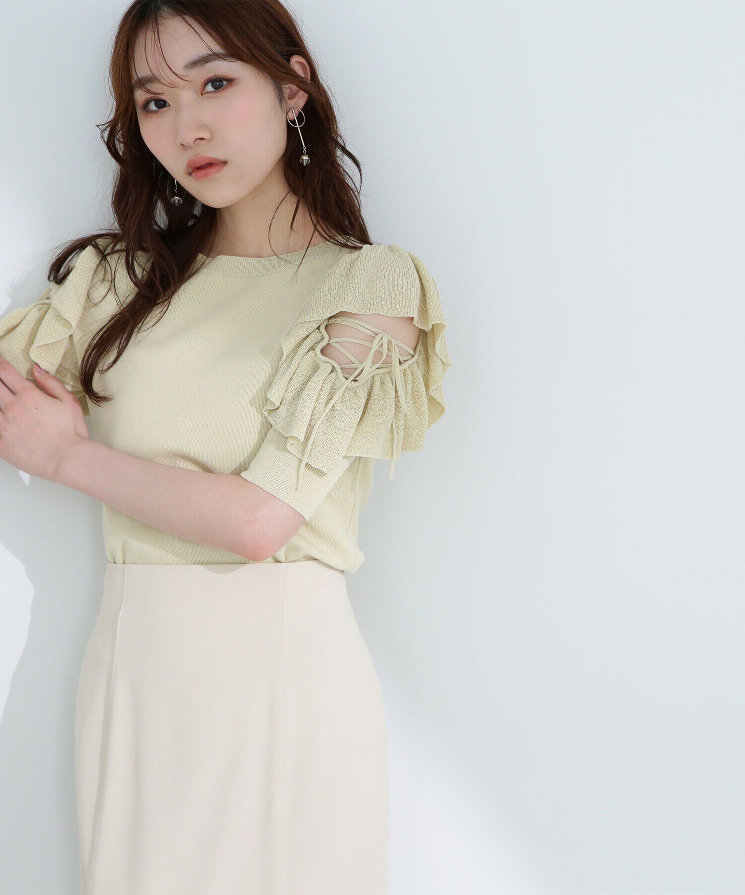  「レースアップフリルスリーブニット」|ニット・セーター|