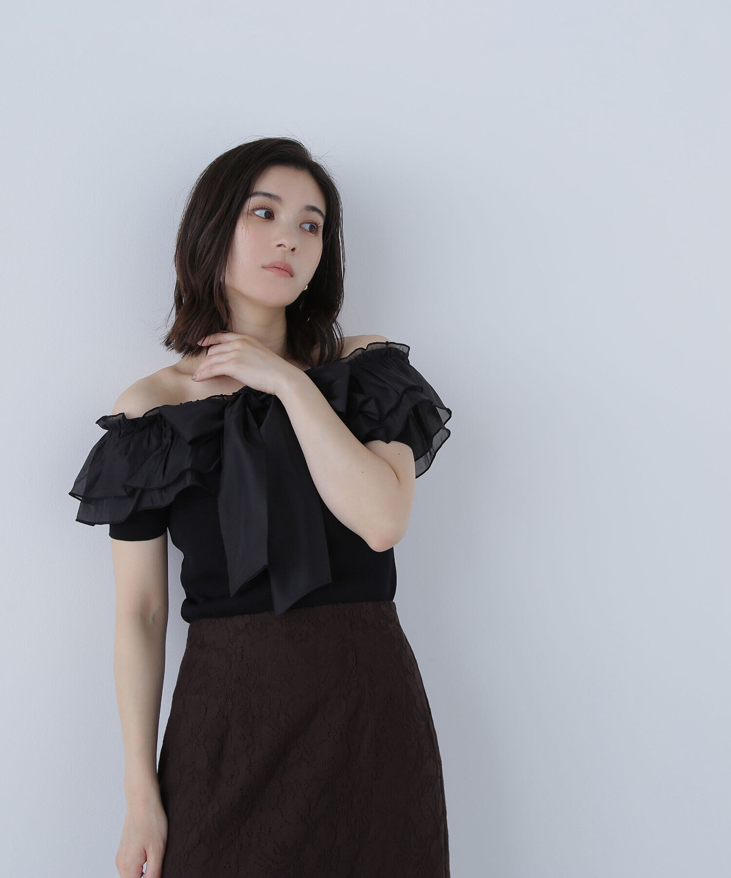  「オフショルフリルリボンニット」|ニット・セーター|