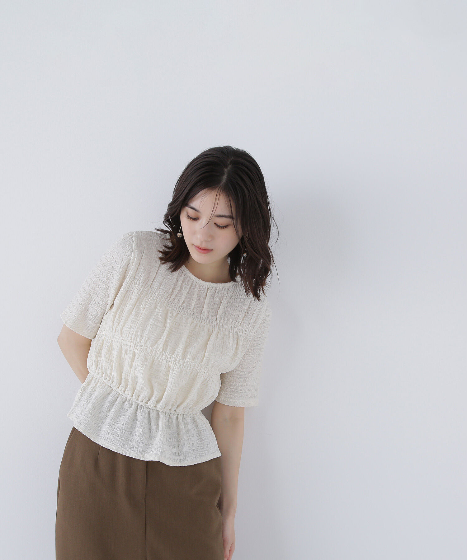  「シャーリングペプラムカットソー半袖」|Tシャツ・カットソー|