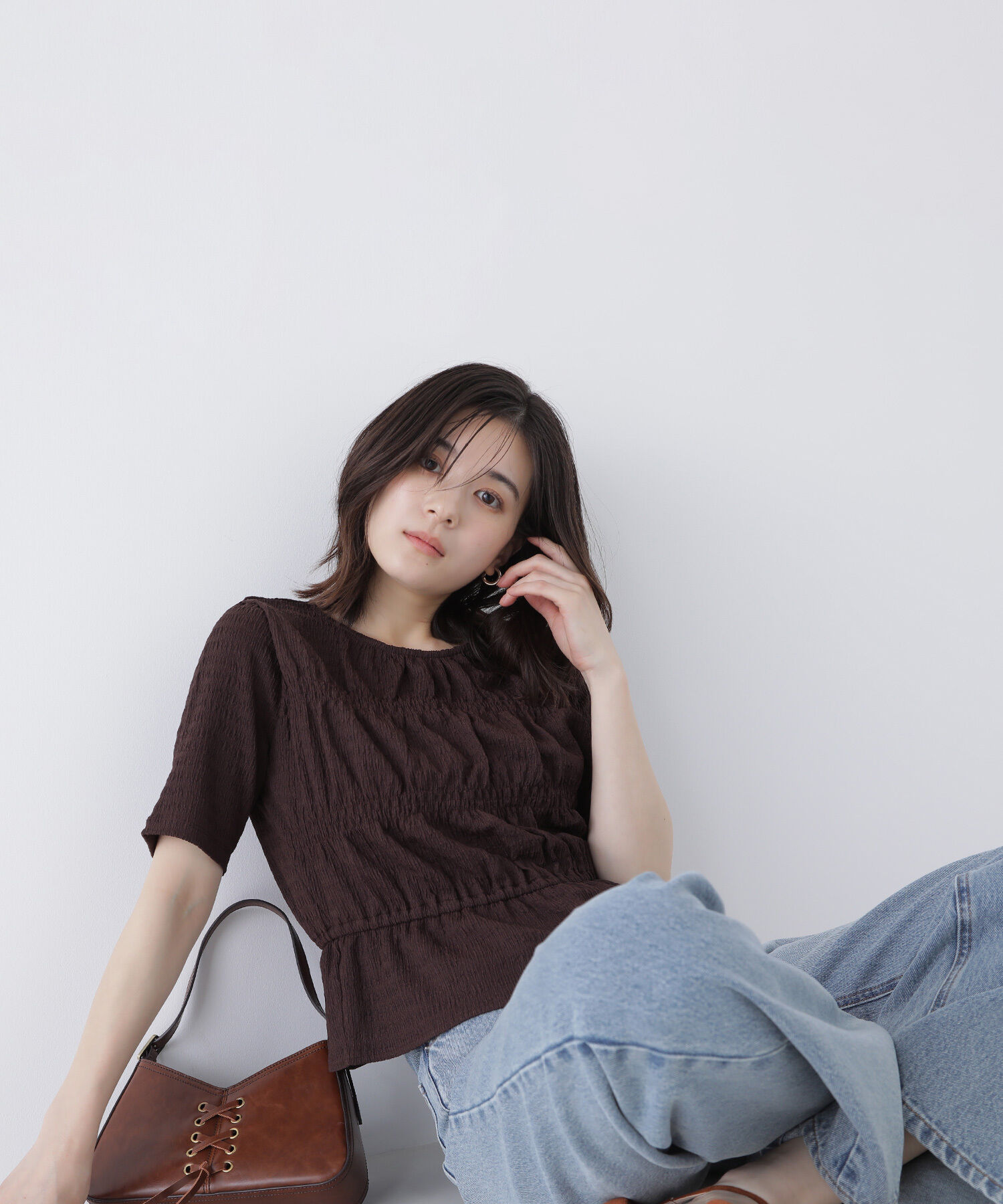  「シャーリングペプラムカットソー半袖」|Tシャツ・カットソー|ダークブラウ 1