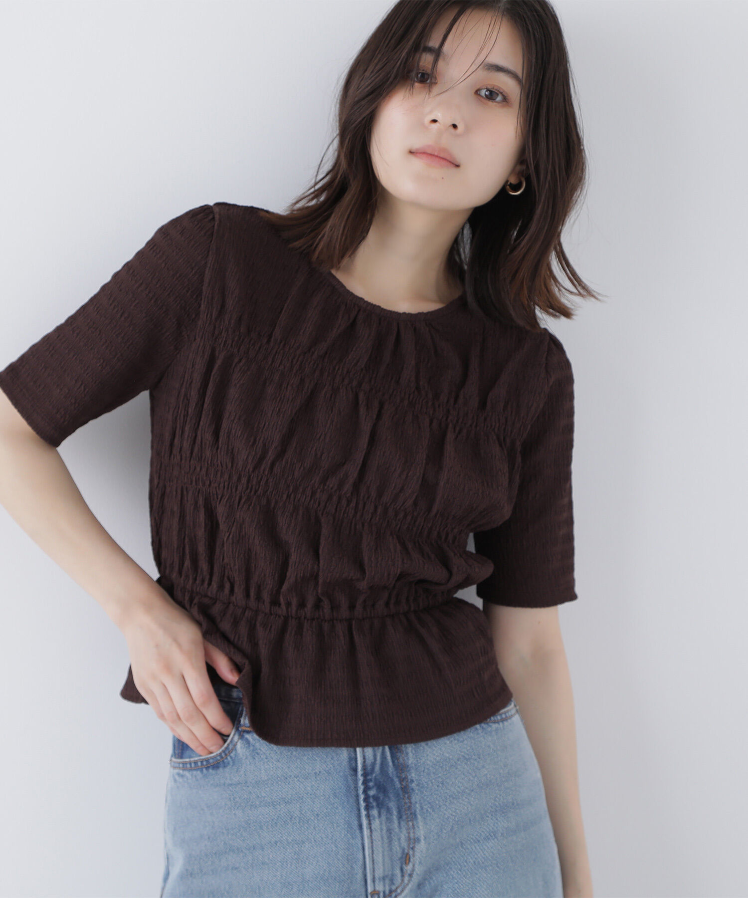  「シャーリングペプラムカットソー半袖」|Tシャツ・カットソー|