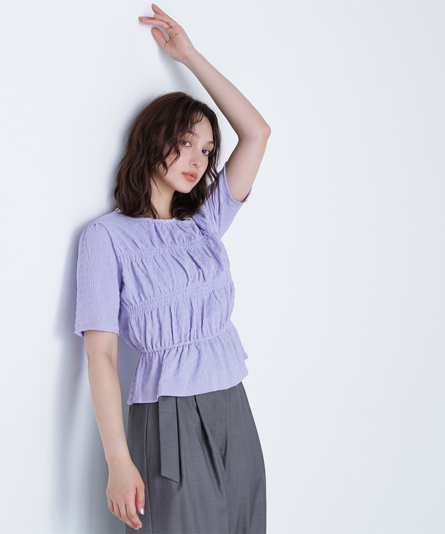  「シャーリングペプラムカットソー半袖」|Tシャツ・カットソー|ラベンダー