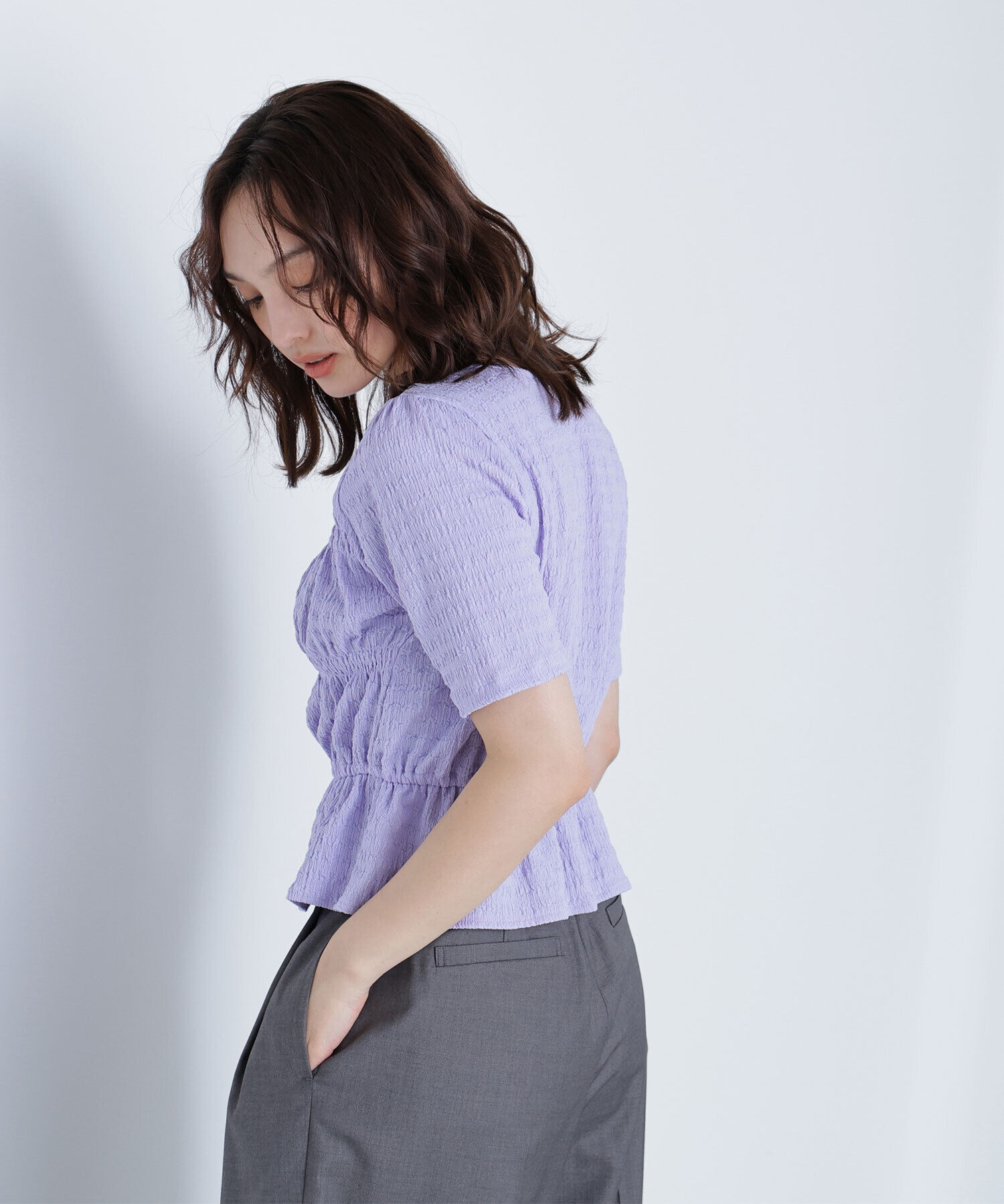  「シャーリングペプラムカットソー半袖」|Tシャツ・カットソー|