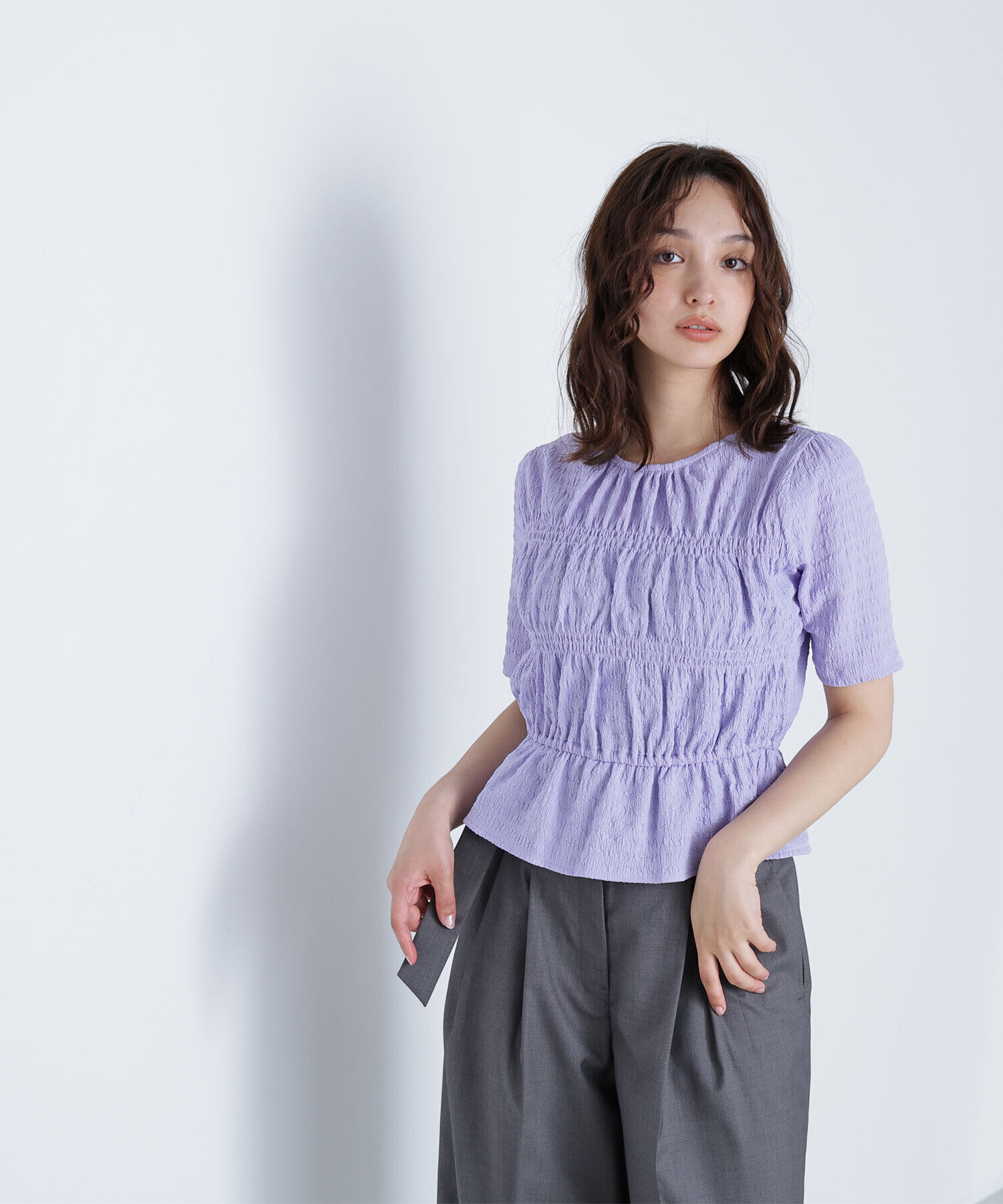  「シャーリングペプラムカットソー半袖」|Tシャツ・カットソー|