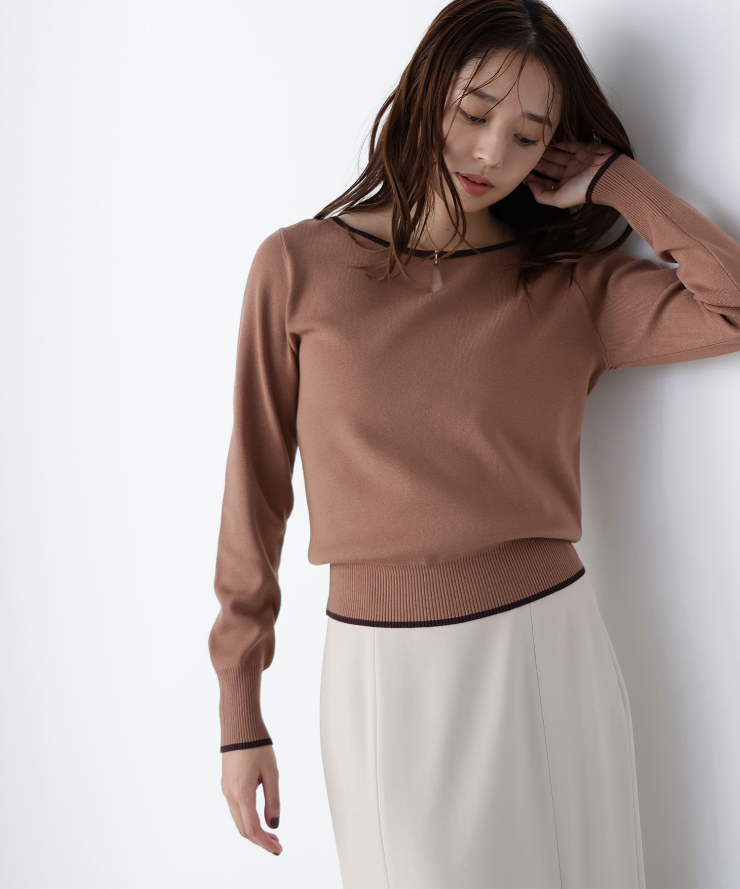  「メタルポイントバイカラーニット」|ニット・セーター|ベージュ&times;ブ  2