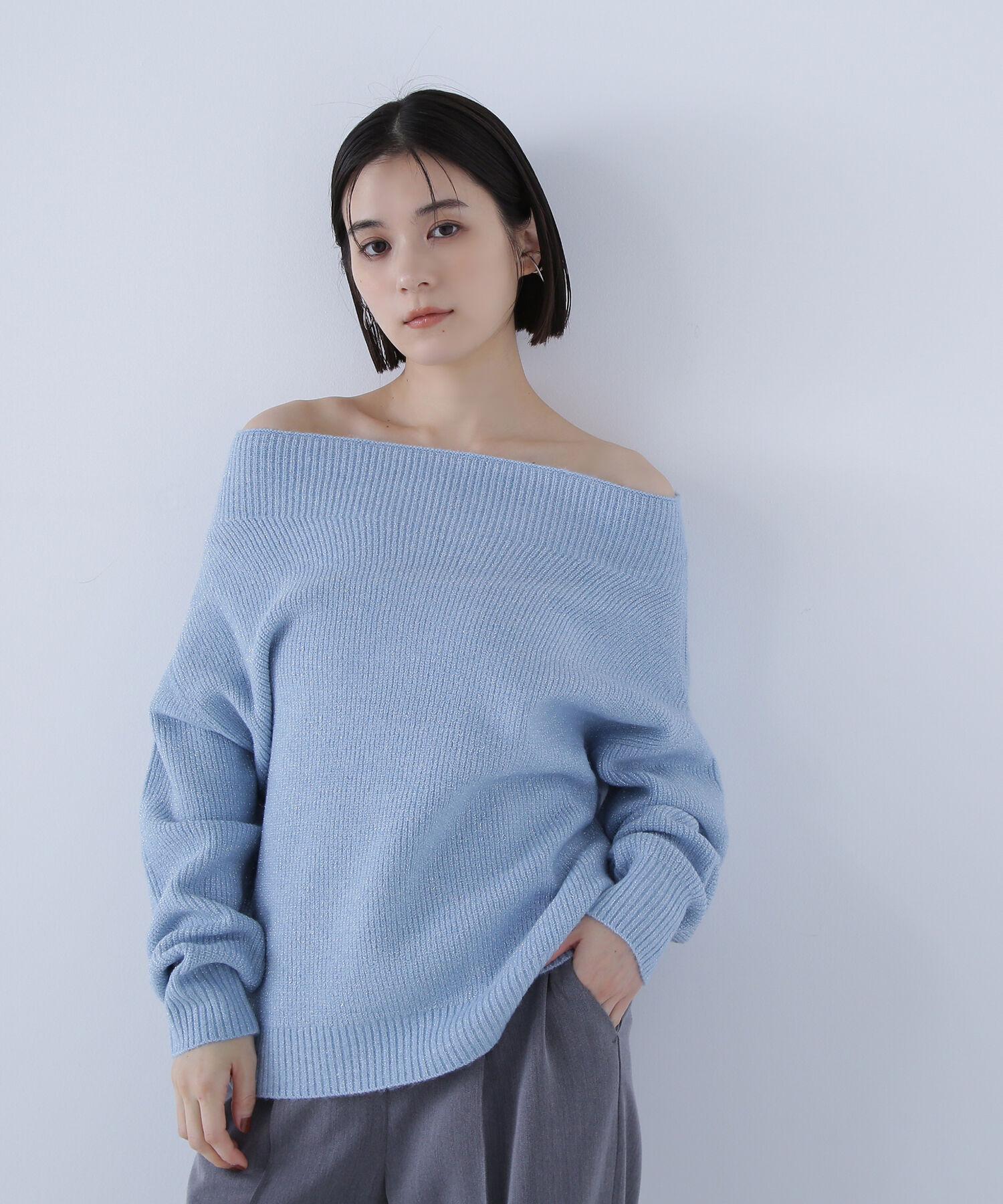  「オフショルボクシーラメニット」|ニット・セーター|