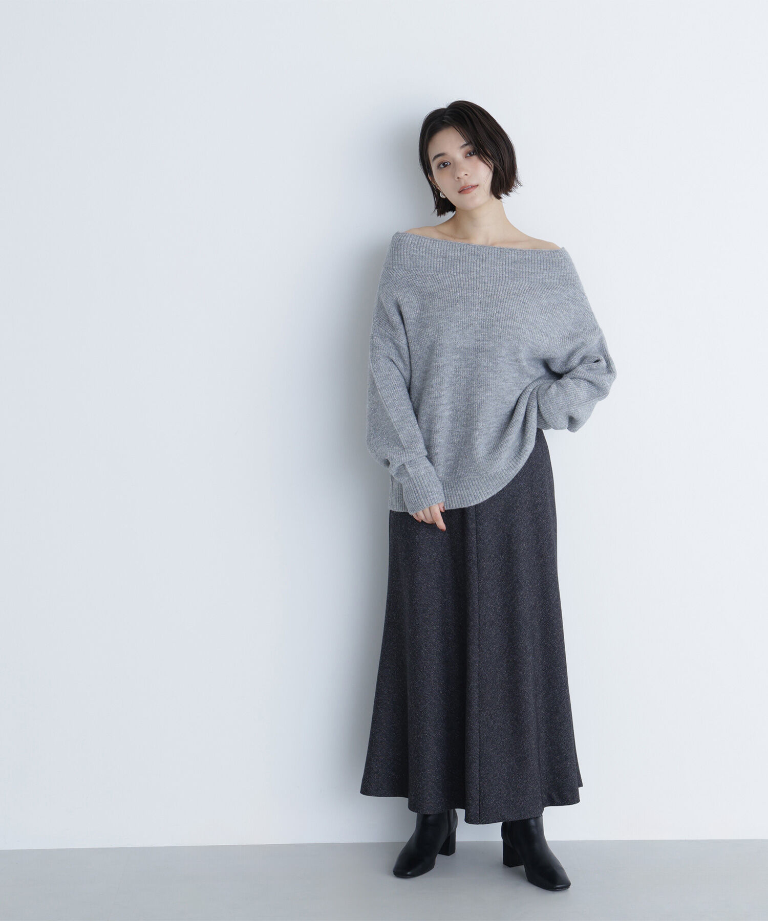  「ネップツイードナロースカート」|スカート|ブラック系2