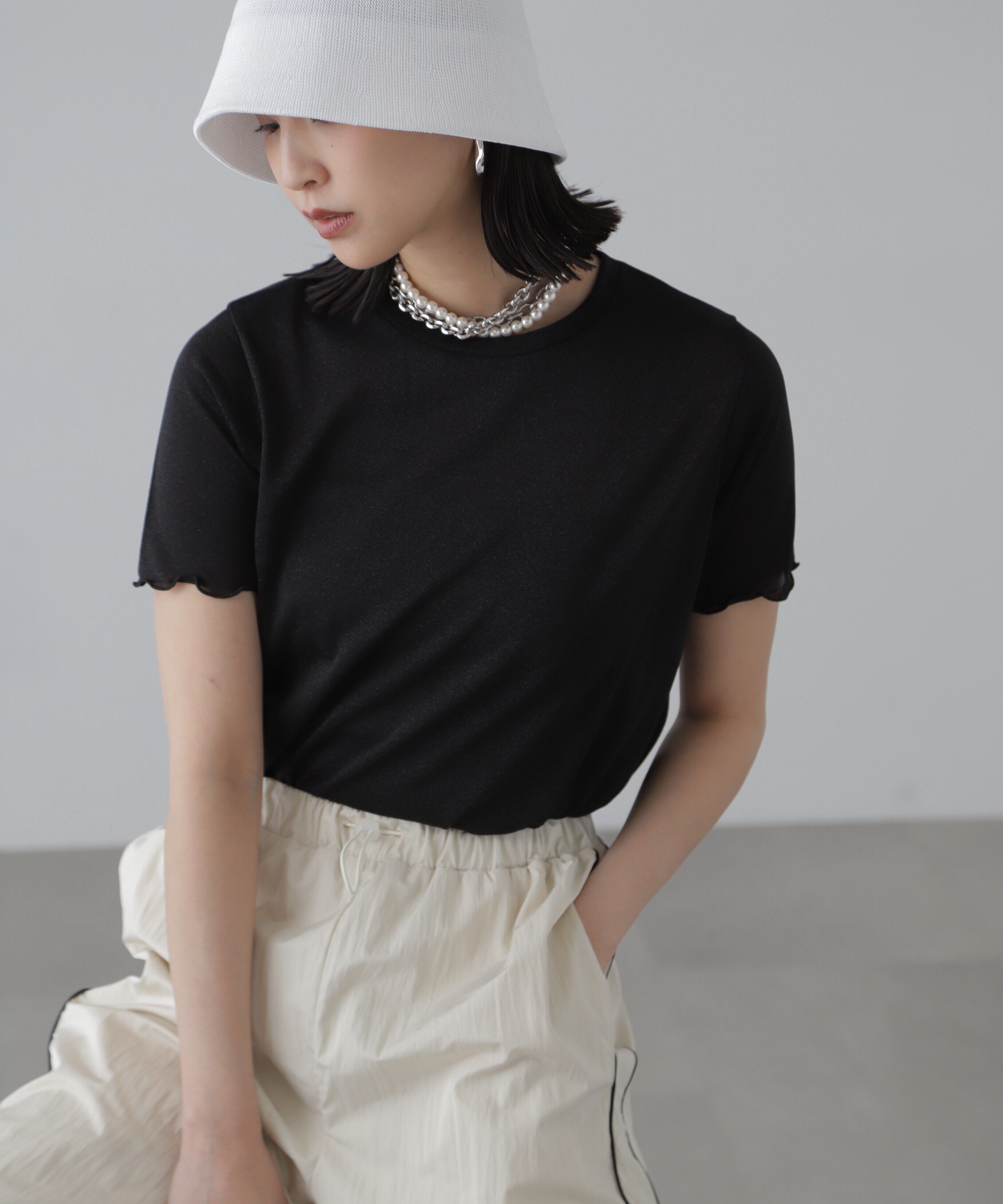  「ラメシアークルーネック半袖カットソー」|Tシャツ・カットソー|ブラック