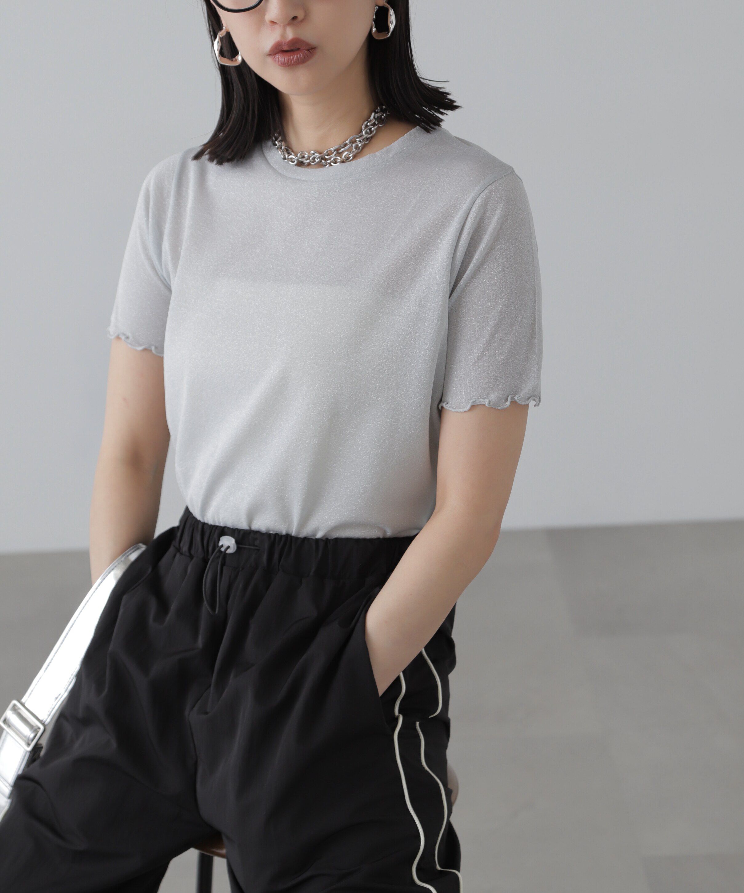  「ラメシアークルーネック半袖カットソー」|Tシャツ・カットソー|グレー