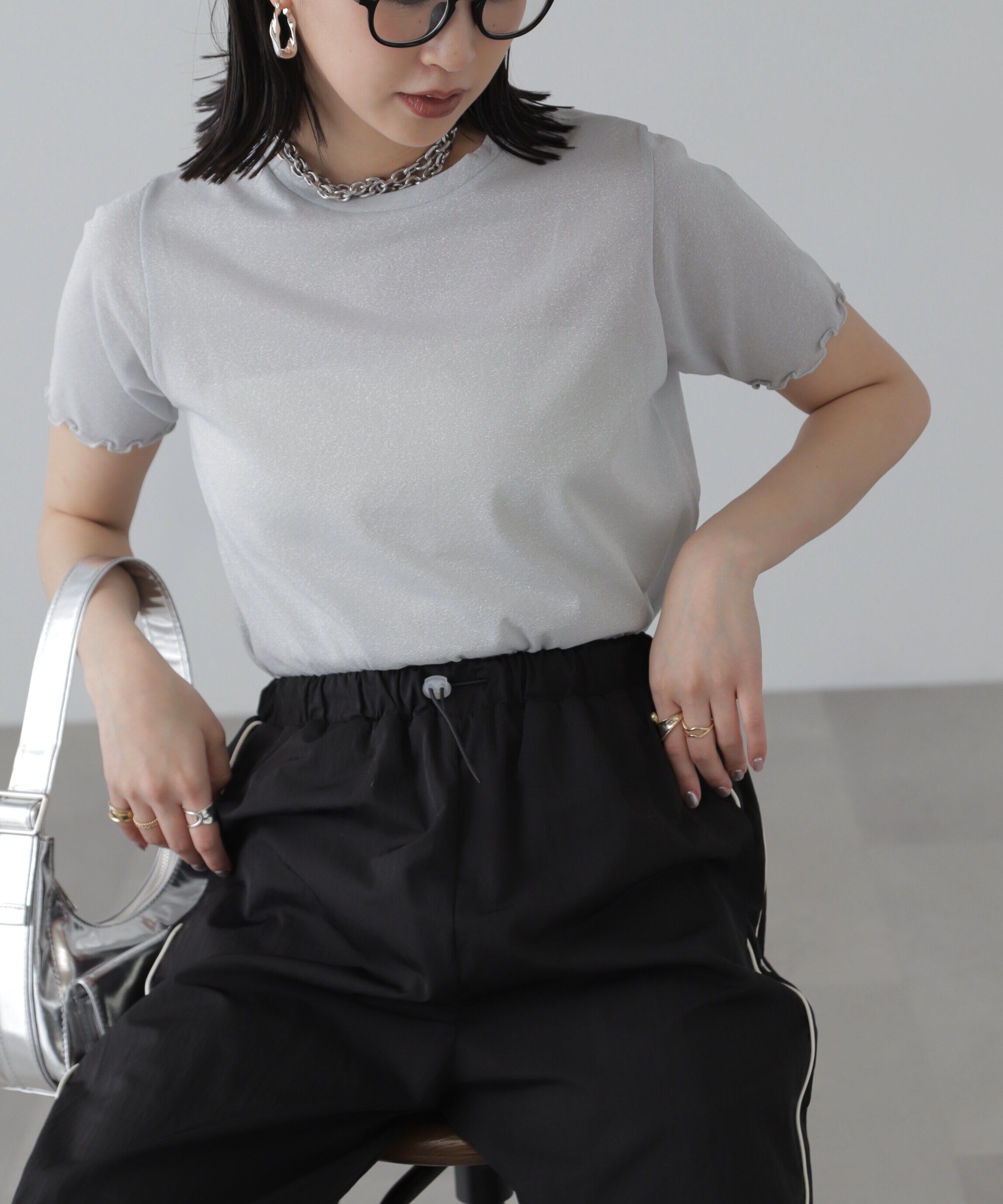  「ラメシアークルーネック半袖カットソー」|Tシャツ・カットソー|