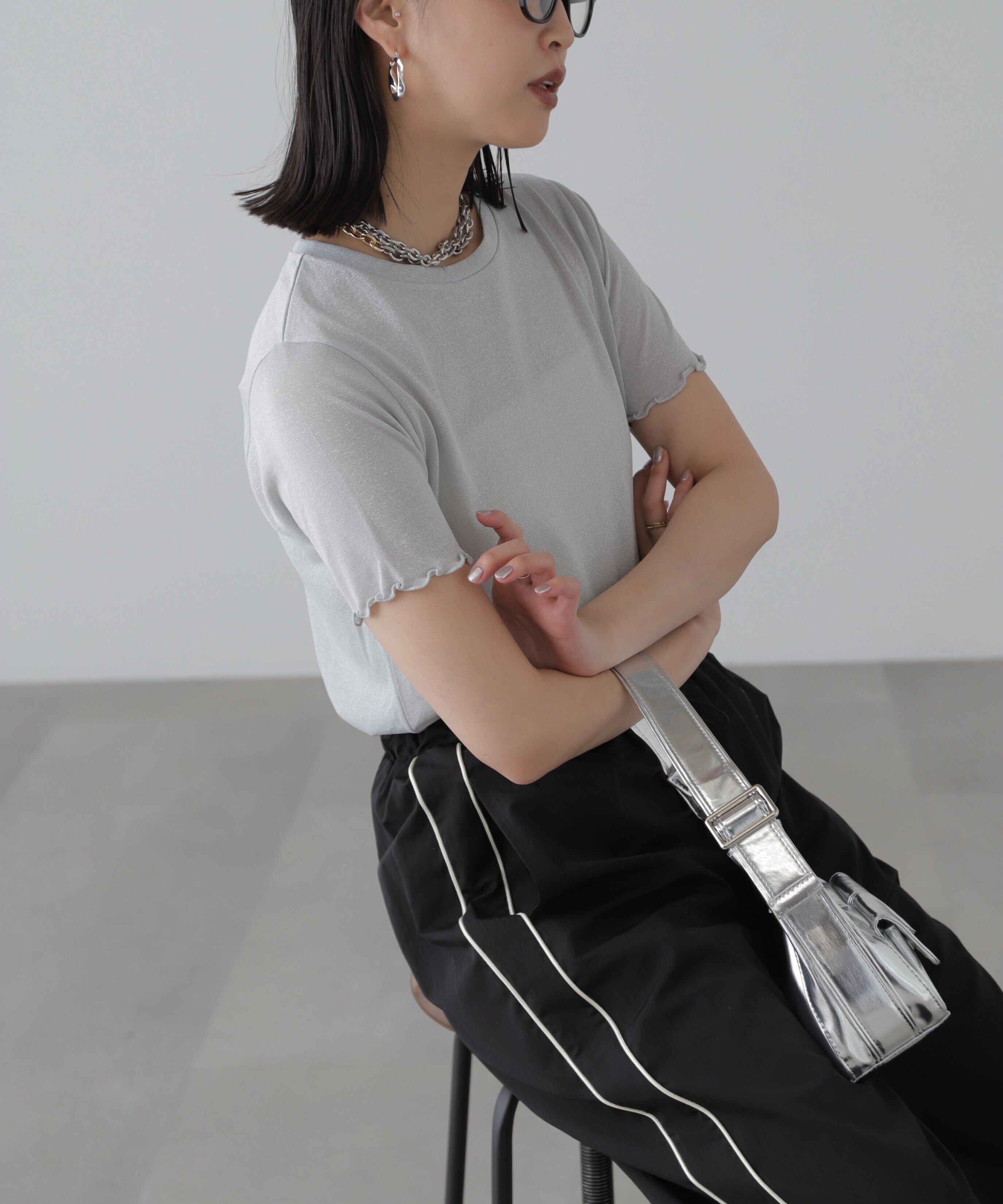  「ラメシアークルーネック半袖カットソー」|Tシャツ・カットソー|