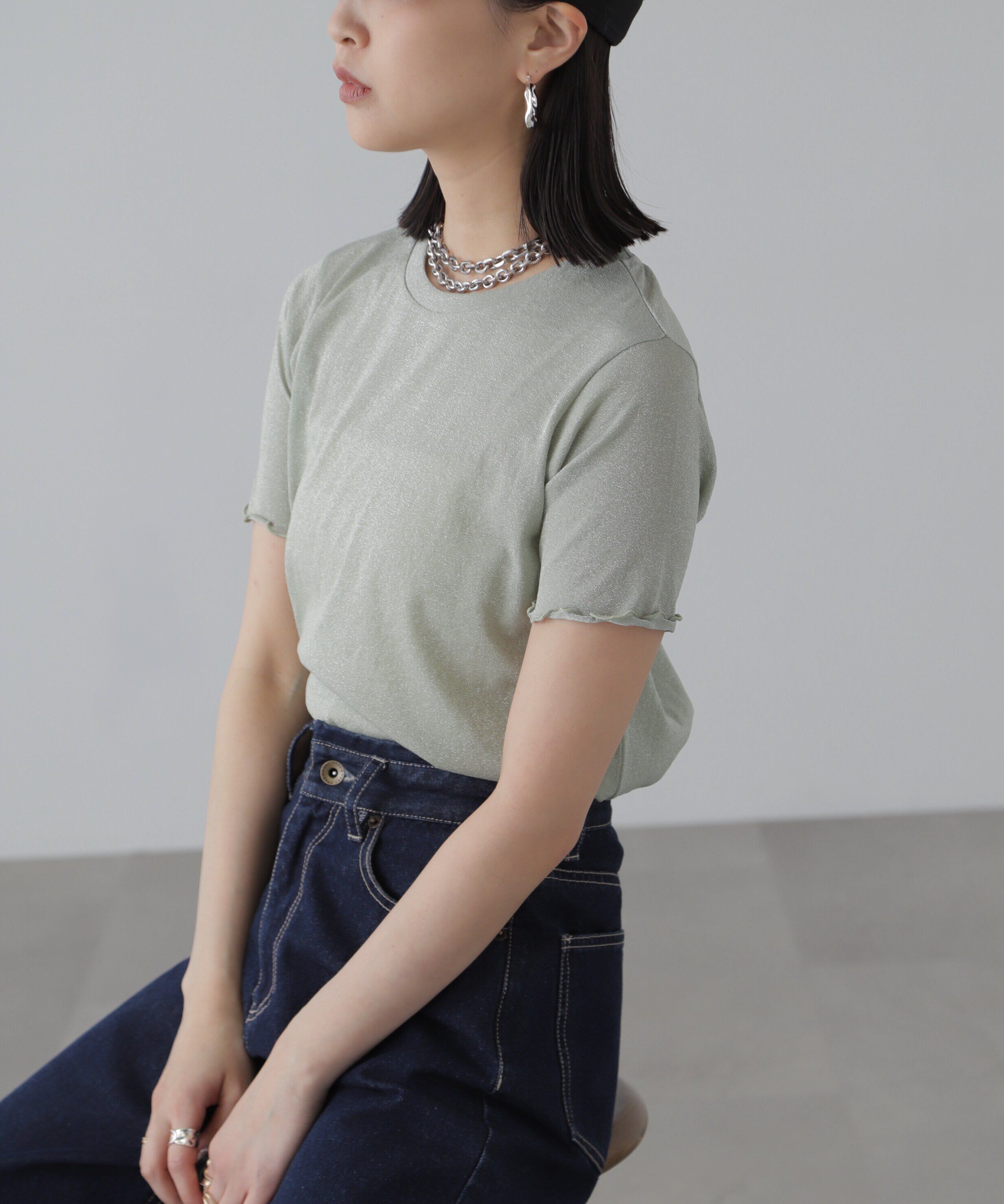  「ラメシアークルーネック半袖カットソー」|Tシャツ・カットソー|