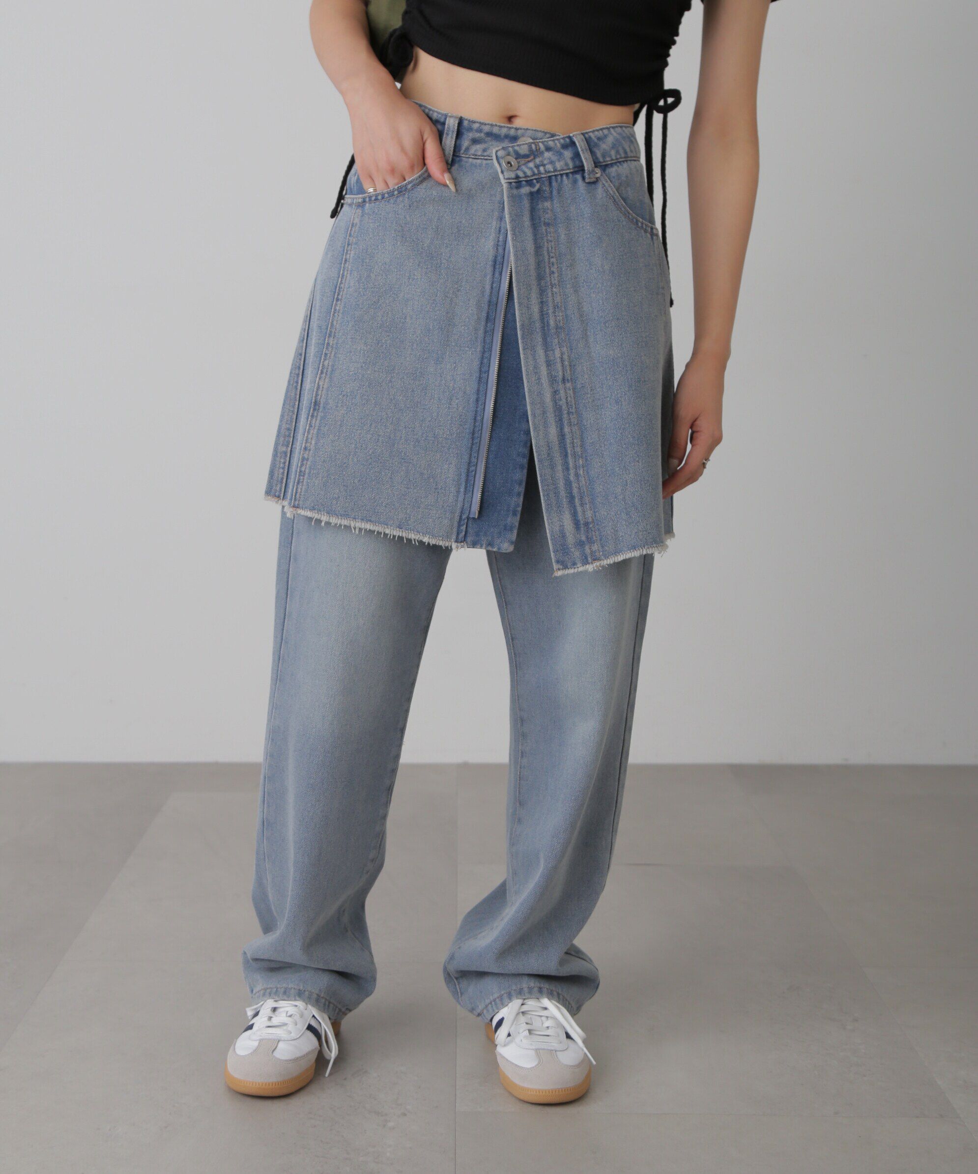  「［レイヤード可］デニムラップミニスカート」|スカート|