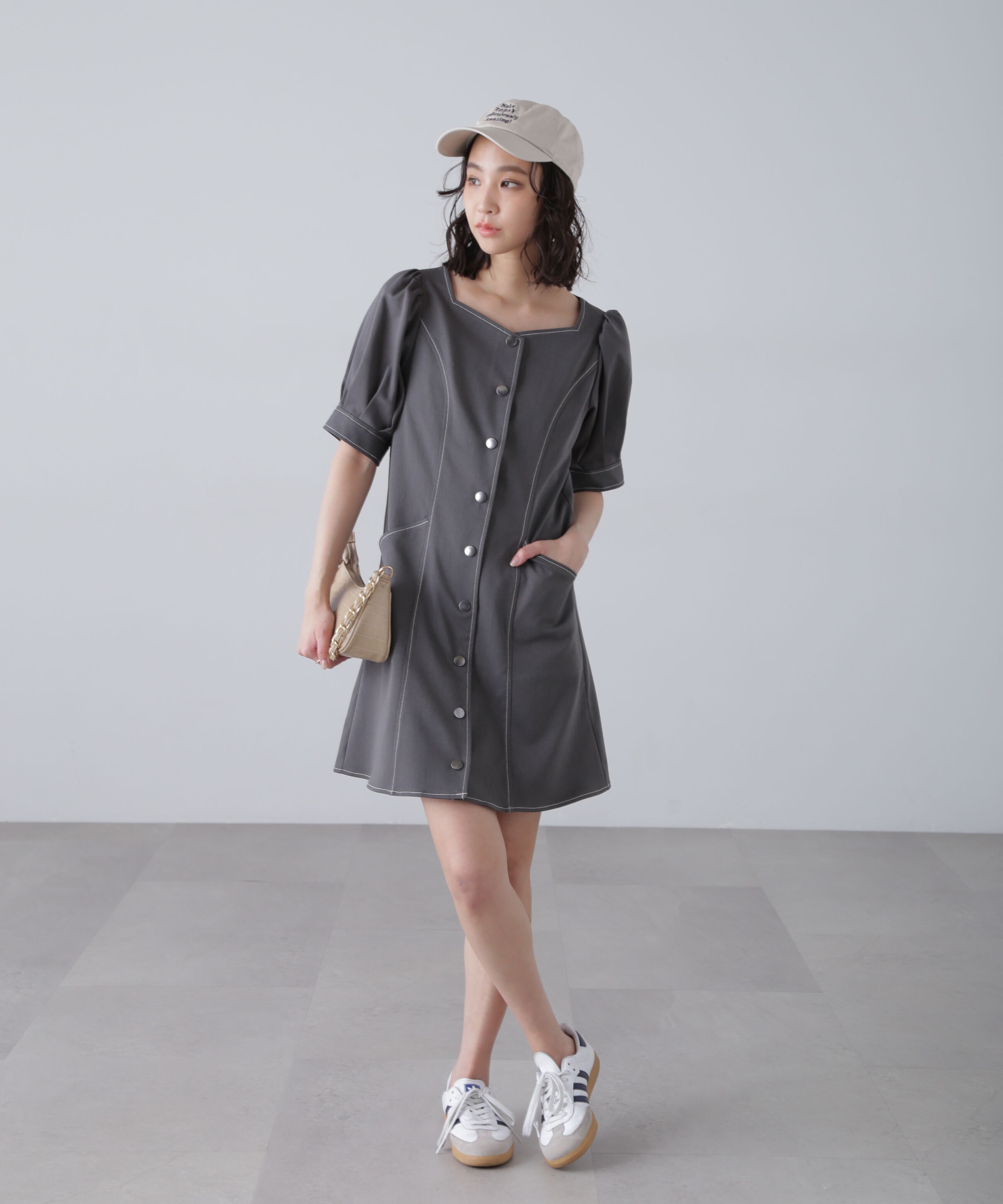  「配色ステッチ前開きミニワンピース」|ワンピース|