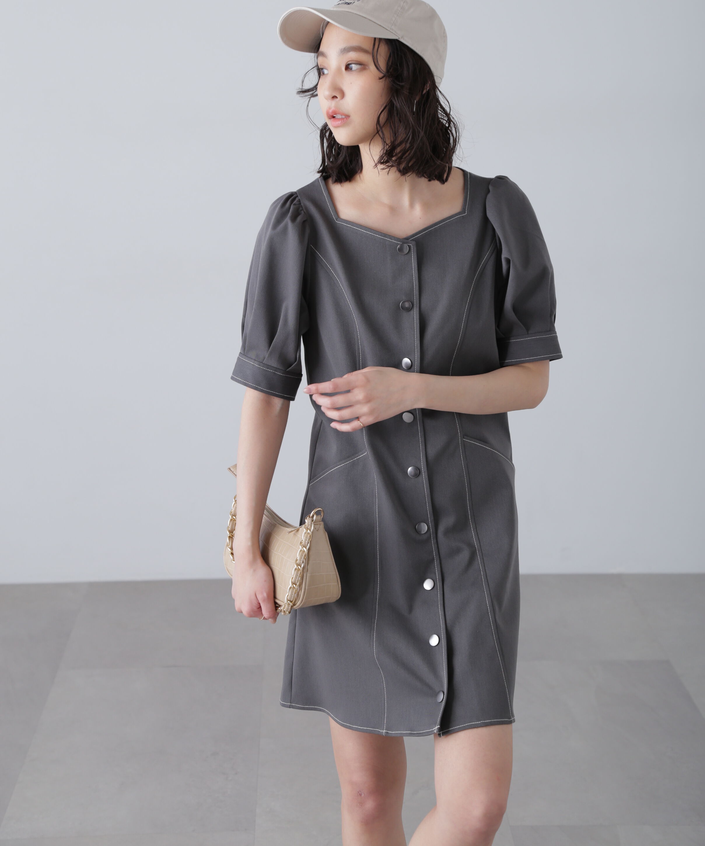  「配色ステッチ前開きミニワンピース」|ワンピース|